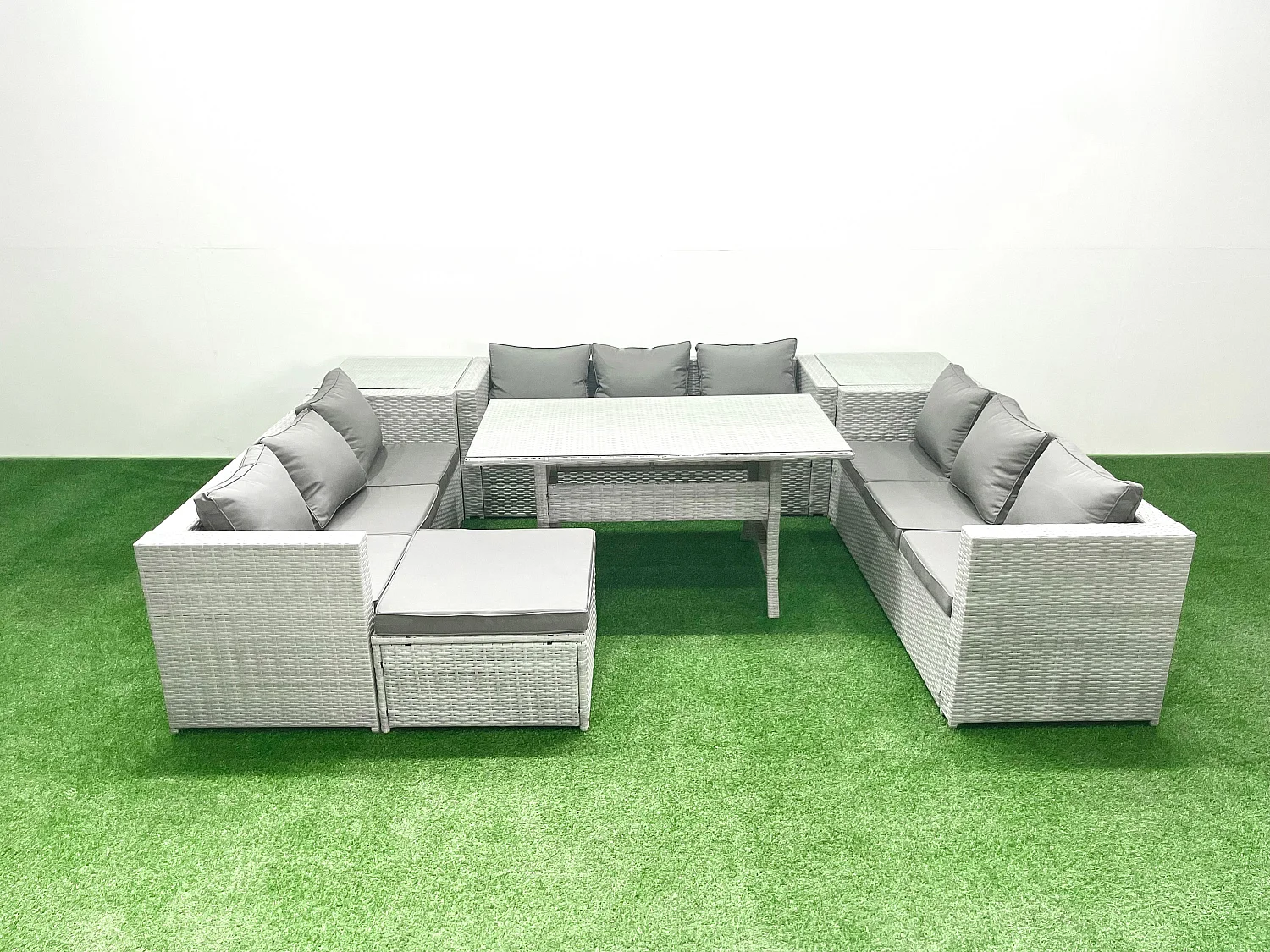 Polyrattan Gartenmöbel Set 10 Sitzer Garten Sofa Rechteckiger Esstisch Set mit Großer Fußhocker 2 Beistelltischen Hellgrau gemischt