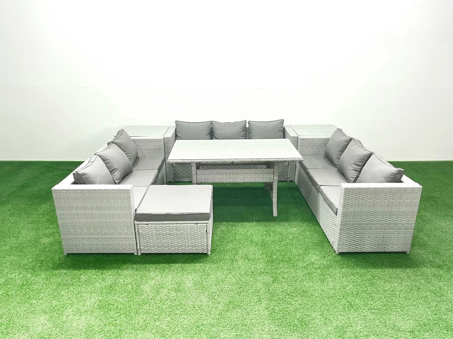 Polyrattan Gartenmöbel Set 10 Sitzer Garten Sofa Rechteckiger Esstisch Set mit Großer Fußhocker 2 Beistelltischen Hellgrau gemischt