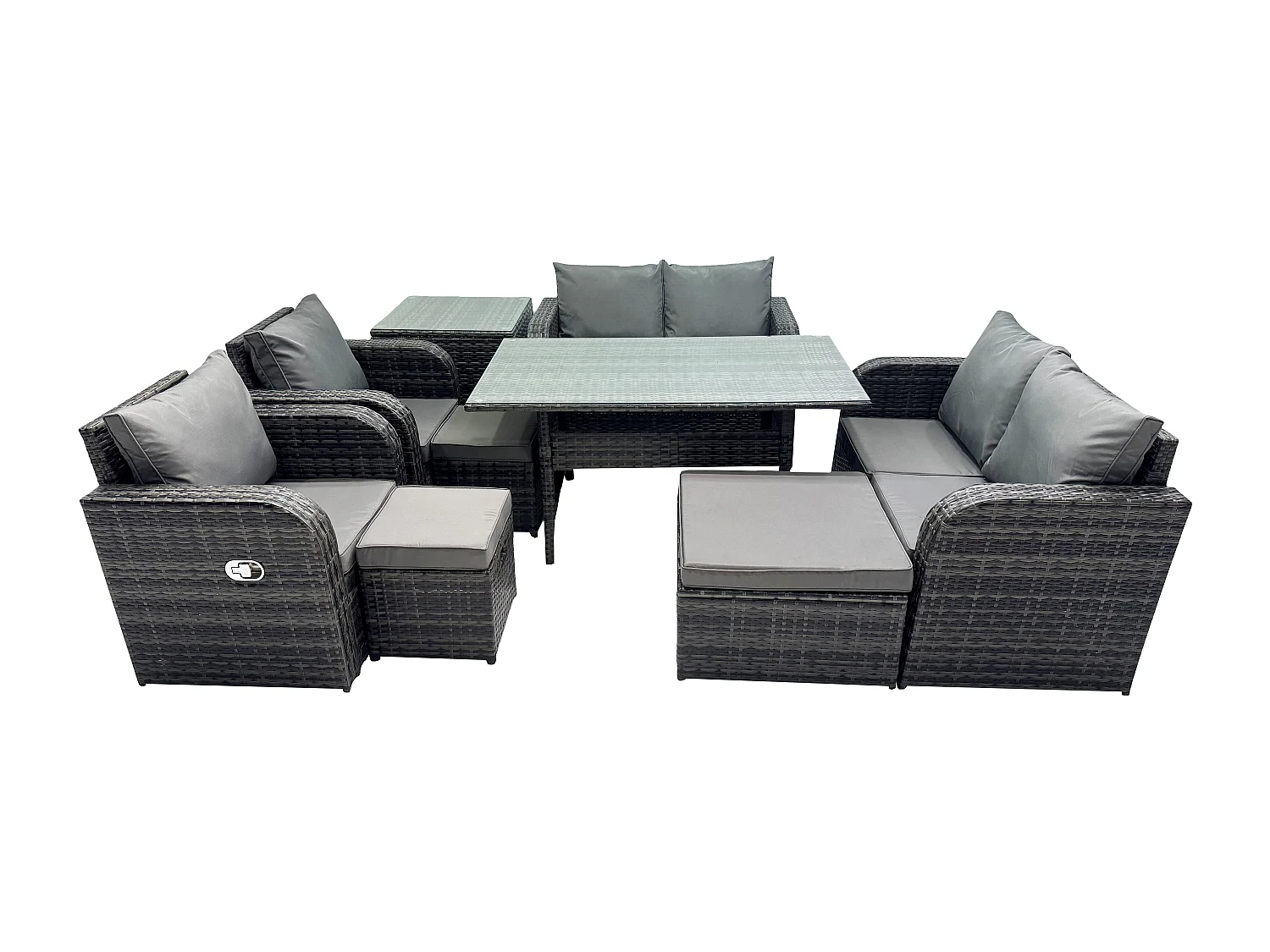 Fimous Outdoor Rattan Garden Furniture 9 piece Grey Patio Furniture Set 9 Seater Lounge Sofa Set with Rectangular Table Reclining Chairs 3 Stools Side Table