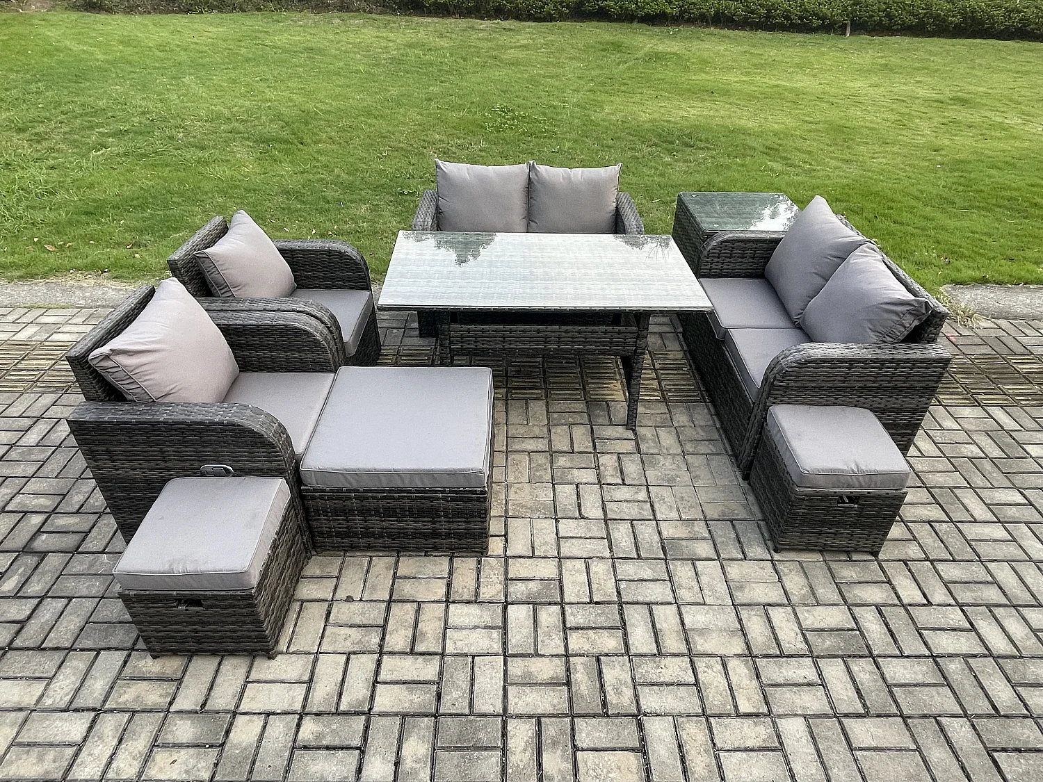 Fimous Outdoor Rattan Garden Furniture 9 piece Grey Patio Furniture Set 9 Seater Lounge Sofa Set with Rectangular Table Reclining Chairs 3 Stools Side Table