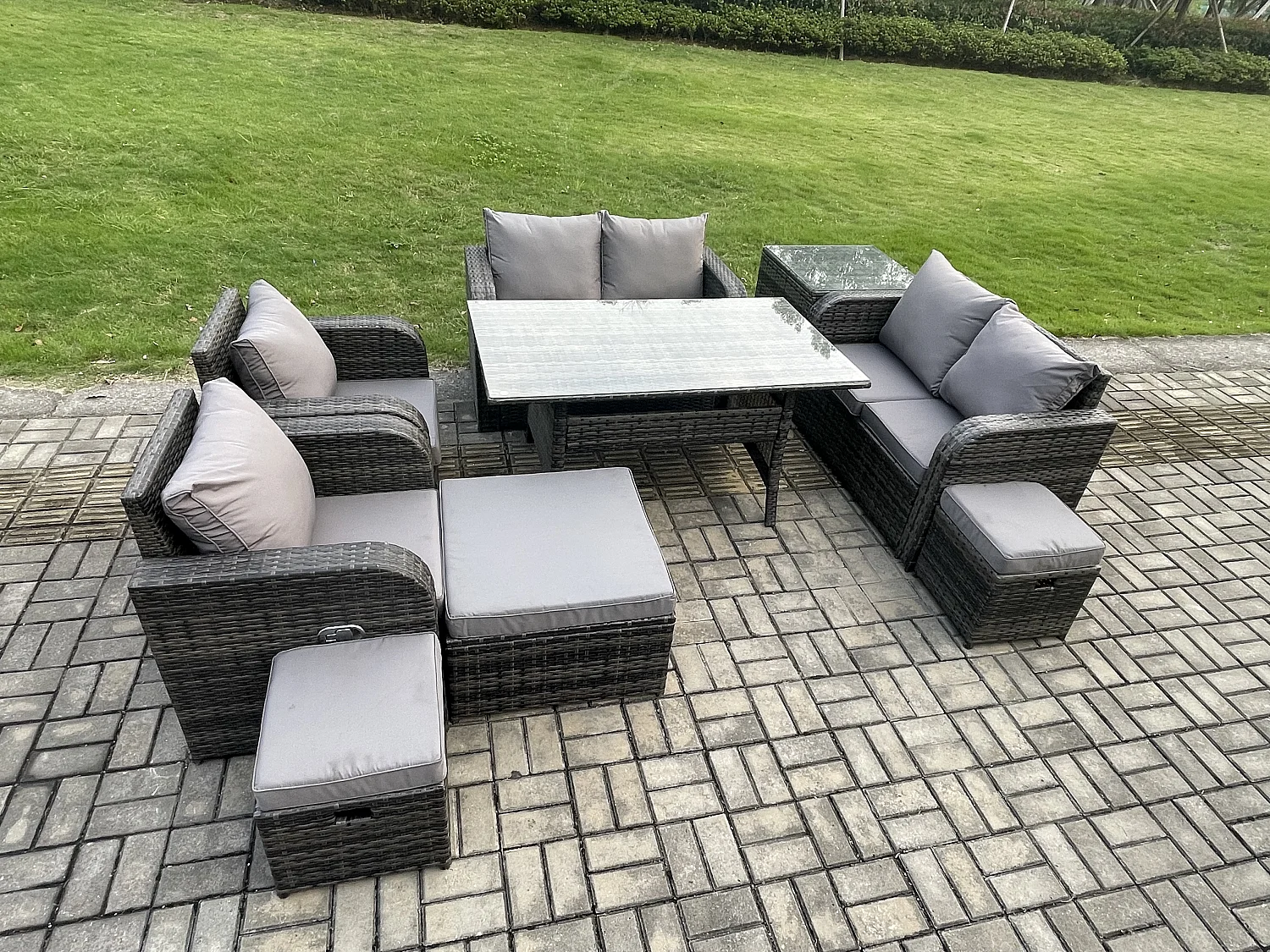 Fimous Outdoor Rattan Garden Furniture 9 piece Grey Patio Furniture Set 9 Seater Lounge Sofa Set with Rectangular Table Reclining Chairs 3 Stools Side Table