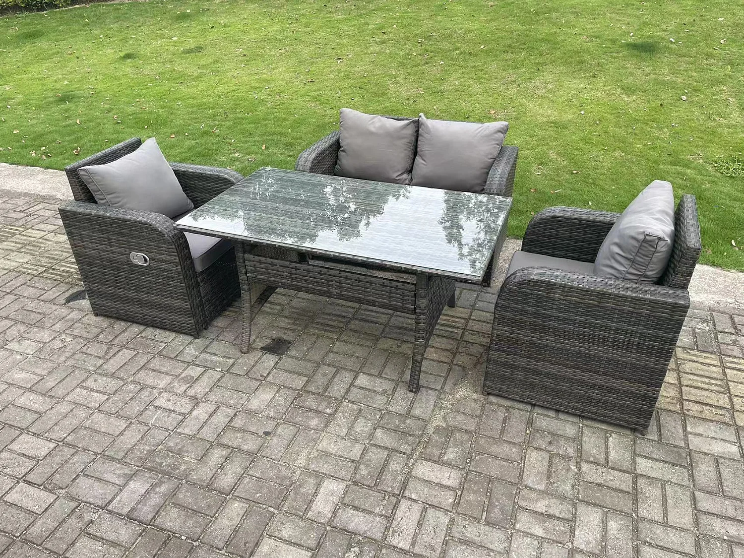 Dunkelgrau Polyrattan Gartenmöbel-Set Liebe Sofa Liegestuhl Outdoor Rechteckiger Esstisch 4 Sitzer