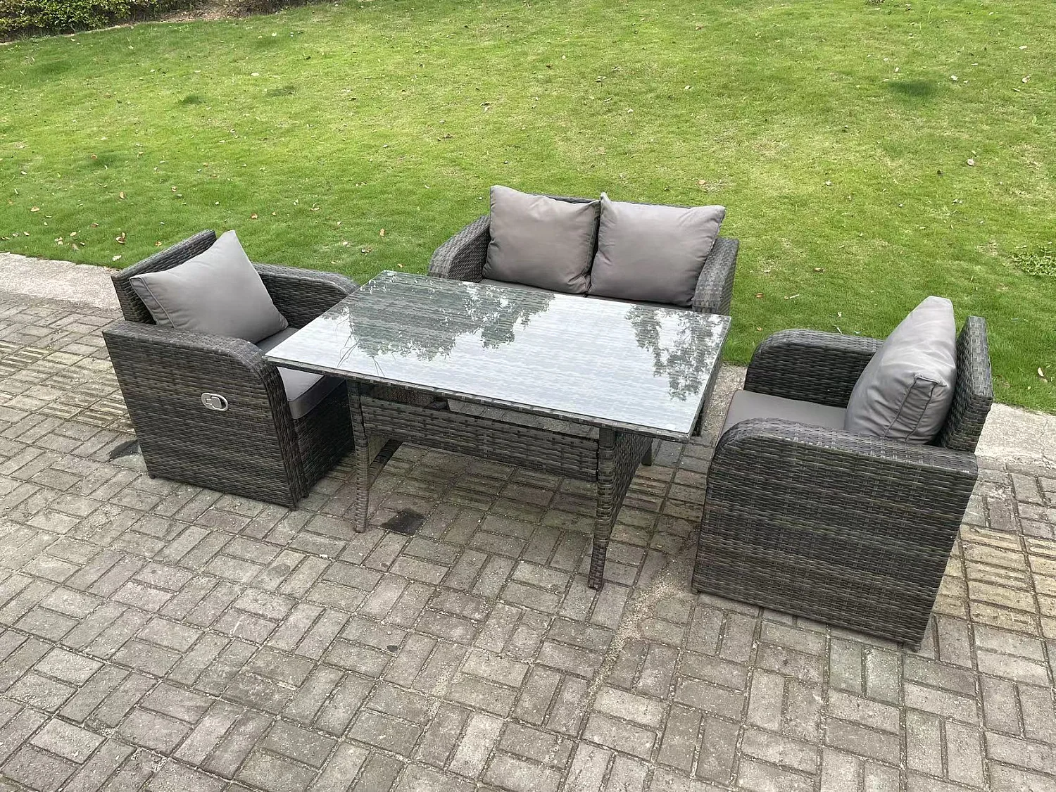Dunkelgrau Polyrattan Gartenmöbel-Set Liebe Sofa Liegestuhl Outdoor Rechteckiger Esstisch 4 Sitzer