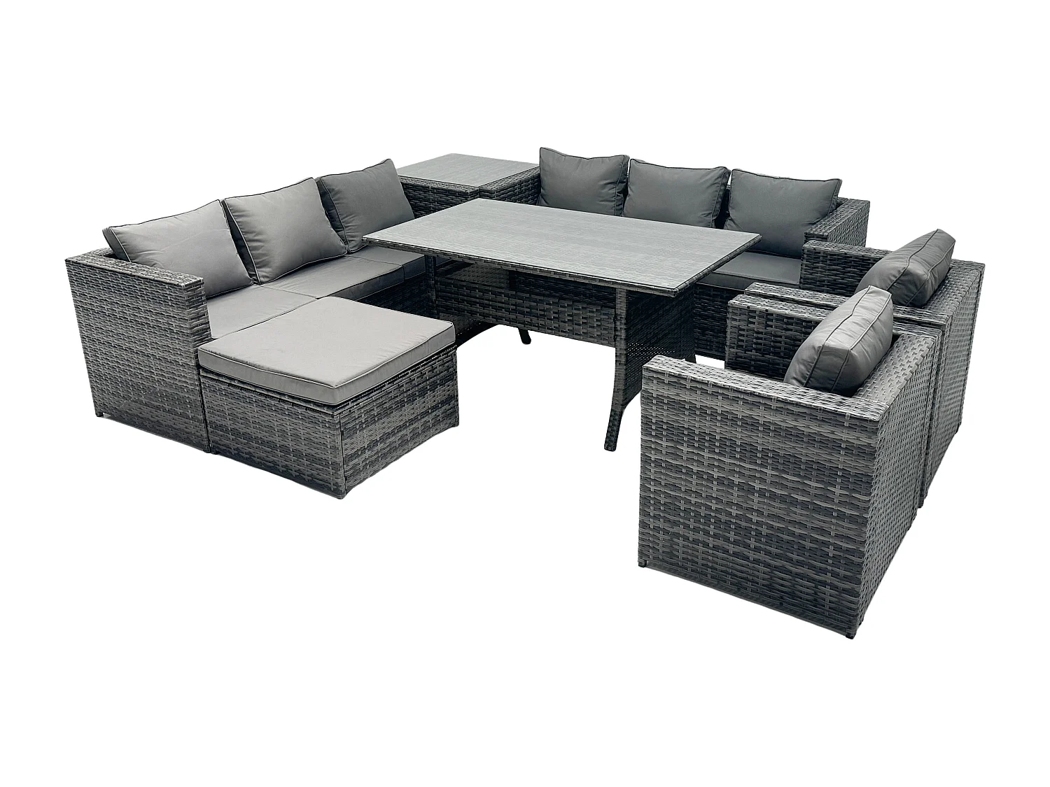 Fimous Outdoor Garden Furniture Rattan Lounge Sofa Set Patio Rectangular Dining Table with 2 Armchair Side Table Big Footstool 9 Seater Dark Grey Mixed