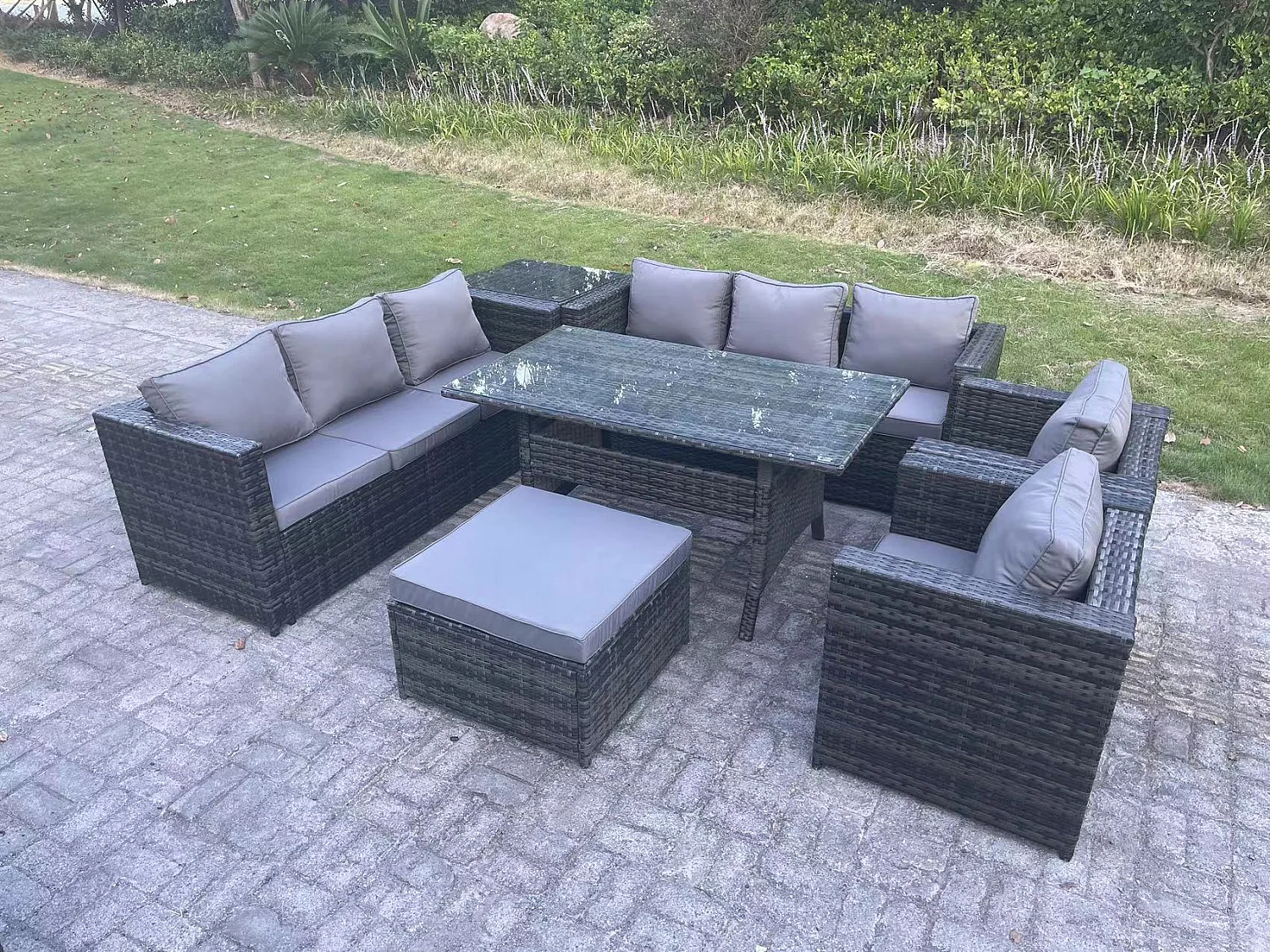 Fimous Outdoor Garden Furniture Rattan Lounge Sofa Set Patio Rectangular Dining Table with 2 Armchair Side Table Big Footstool 9 Seater Dark Grey Mixed