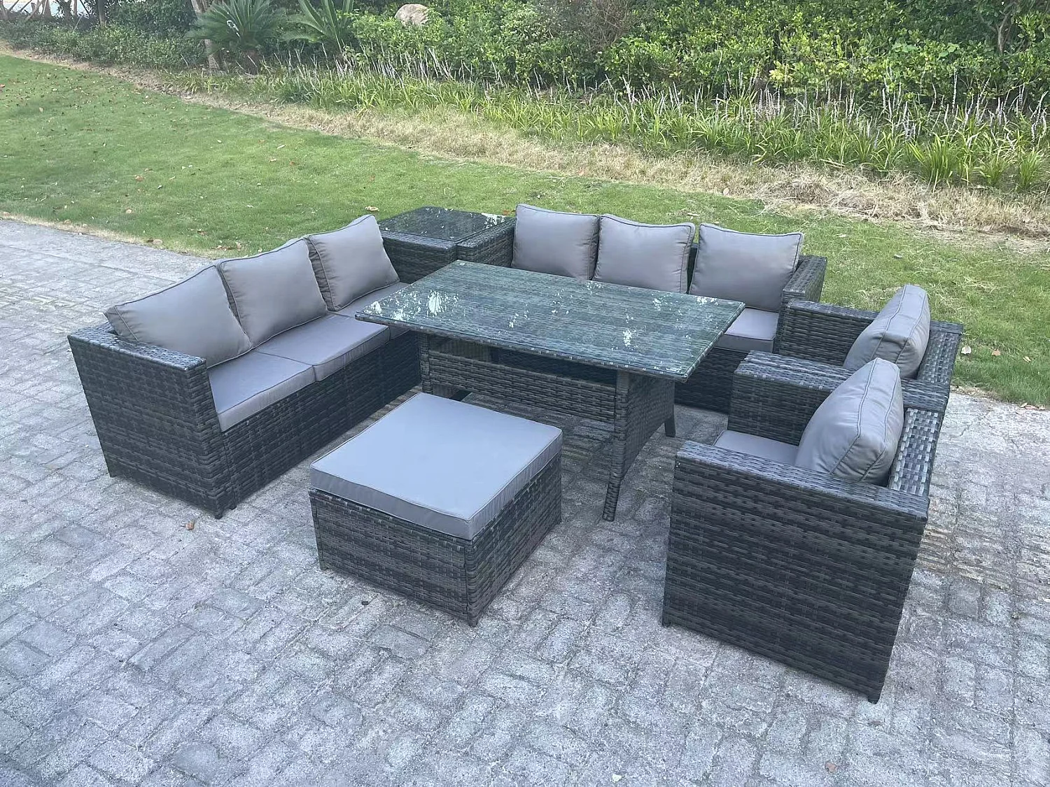 Fimous Outdoor Garden Furniture Rattan Lounge Sofa Set Patio Rectangular Dining Table with 2 Armchair Side Table Big Footstool 9 Seater Dark Grey Mixed