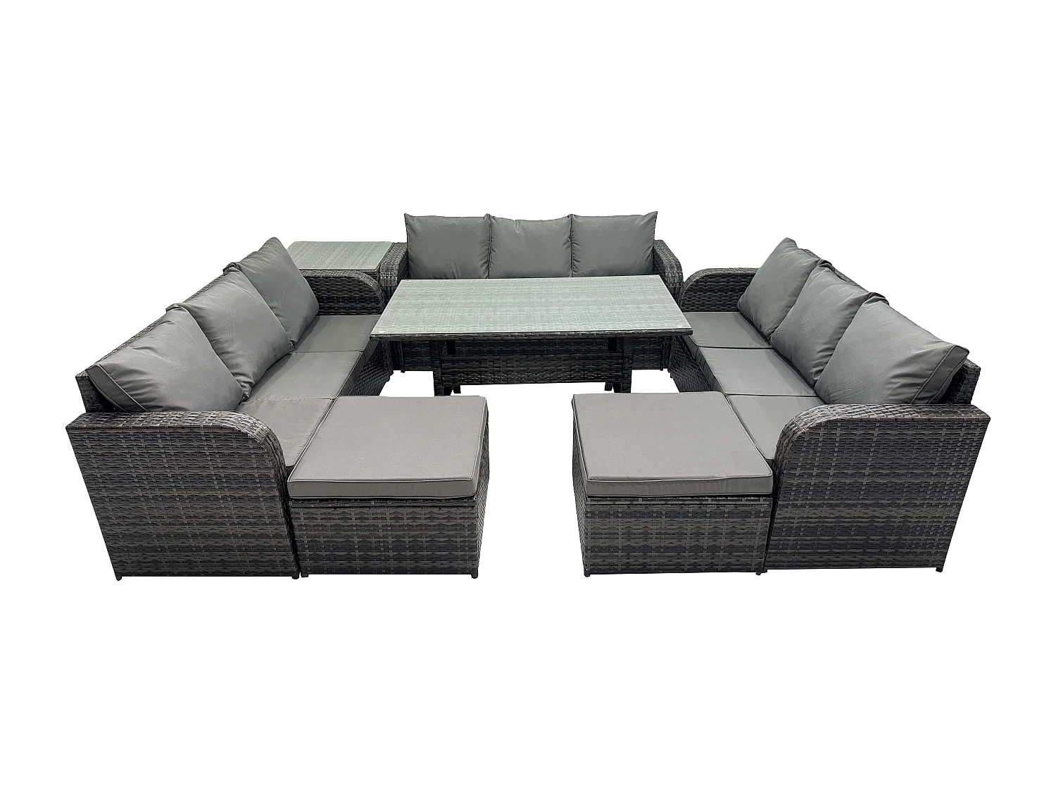 Fimous Wicker PE Rattan Sofa Outdoor Garden Furniture Set with Rectangular Dining Table 2 Big Footstool Side Table Dark Grey Mixed