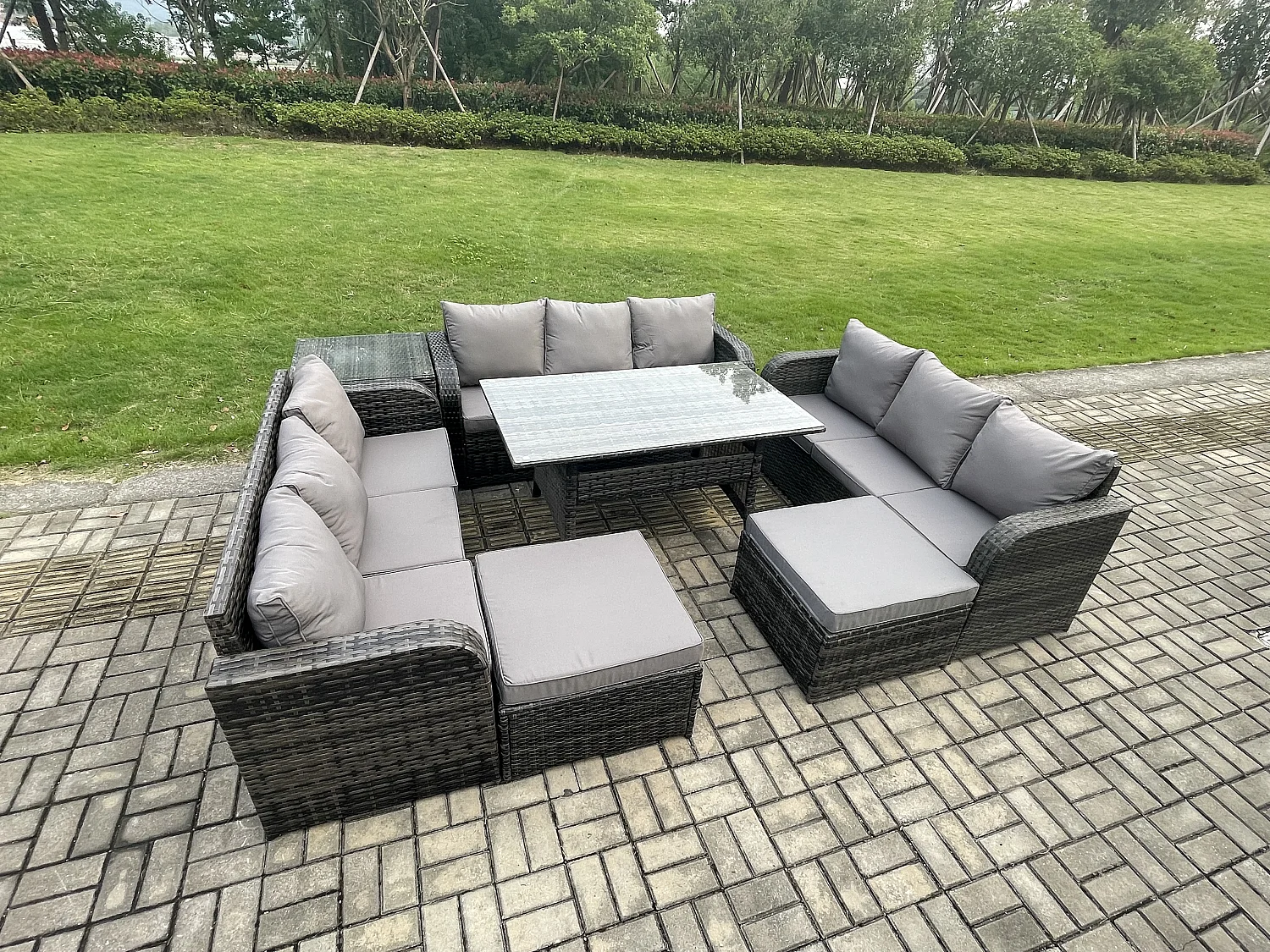 Fimous Wicker PE Rattan Sofa Outdoor Garden Furniture Set with Rectangular Dining Table 2 Big Footstool Side Table Dark Grey Mixed