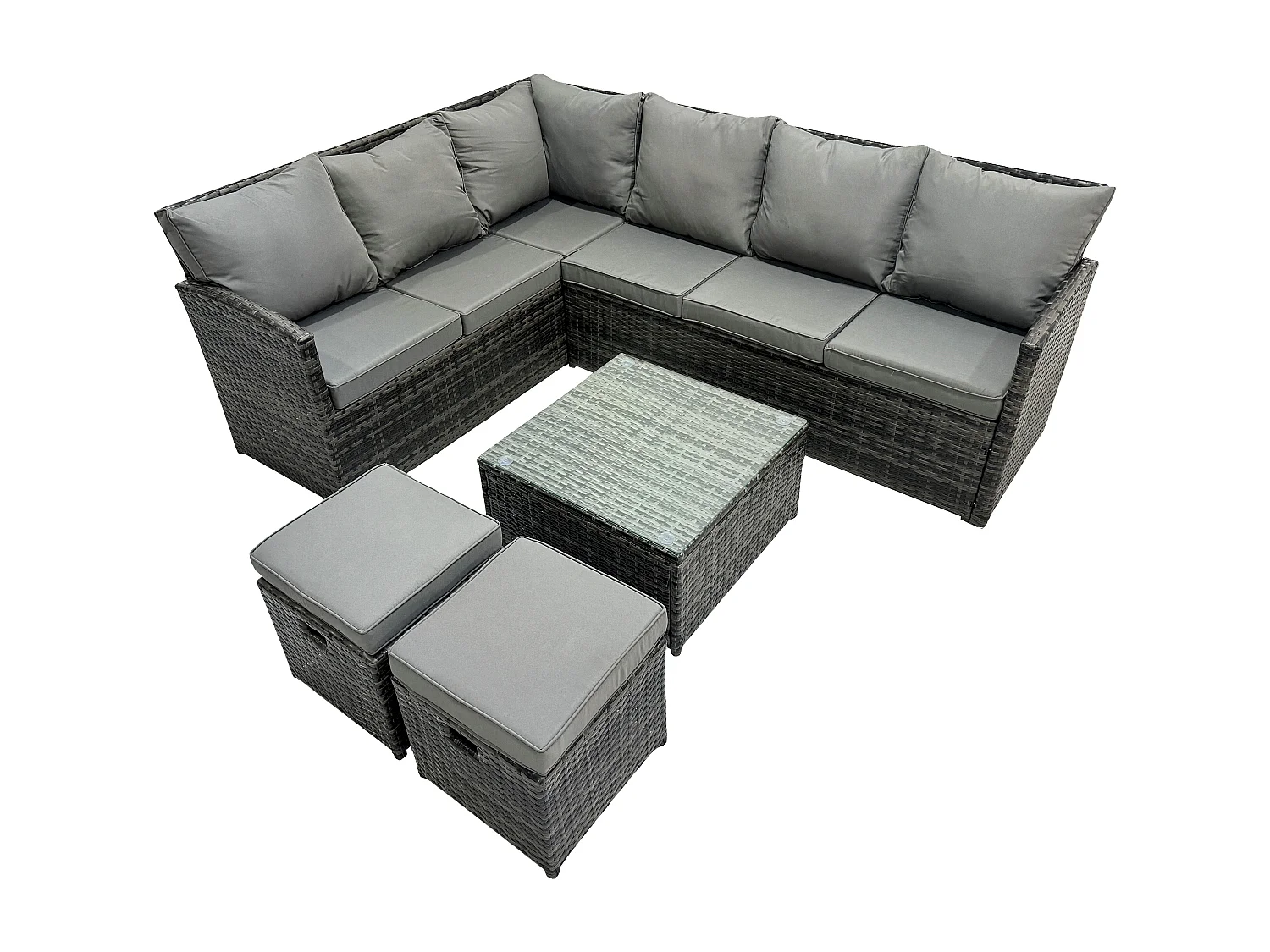 8 Sitzer Rattan Gartenmöbel Set Ecksofa Set aus Polyrattan mit Quadratischer Couchtisch 2 kleine Fußhockern Dunkelgrau gemischt