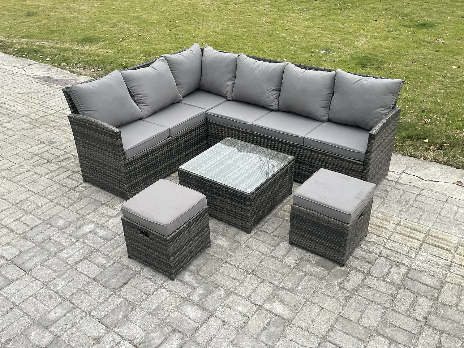 8 Sitzer Rattan Gartenmöbel Set Ecksofa Set aus Polyrattan mit Quadratischer Couchtisch 2 kleine Fußhockern Dunkelgrau gemischt
