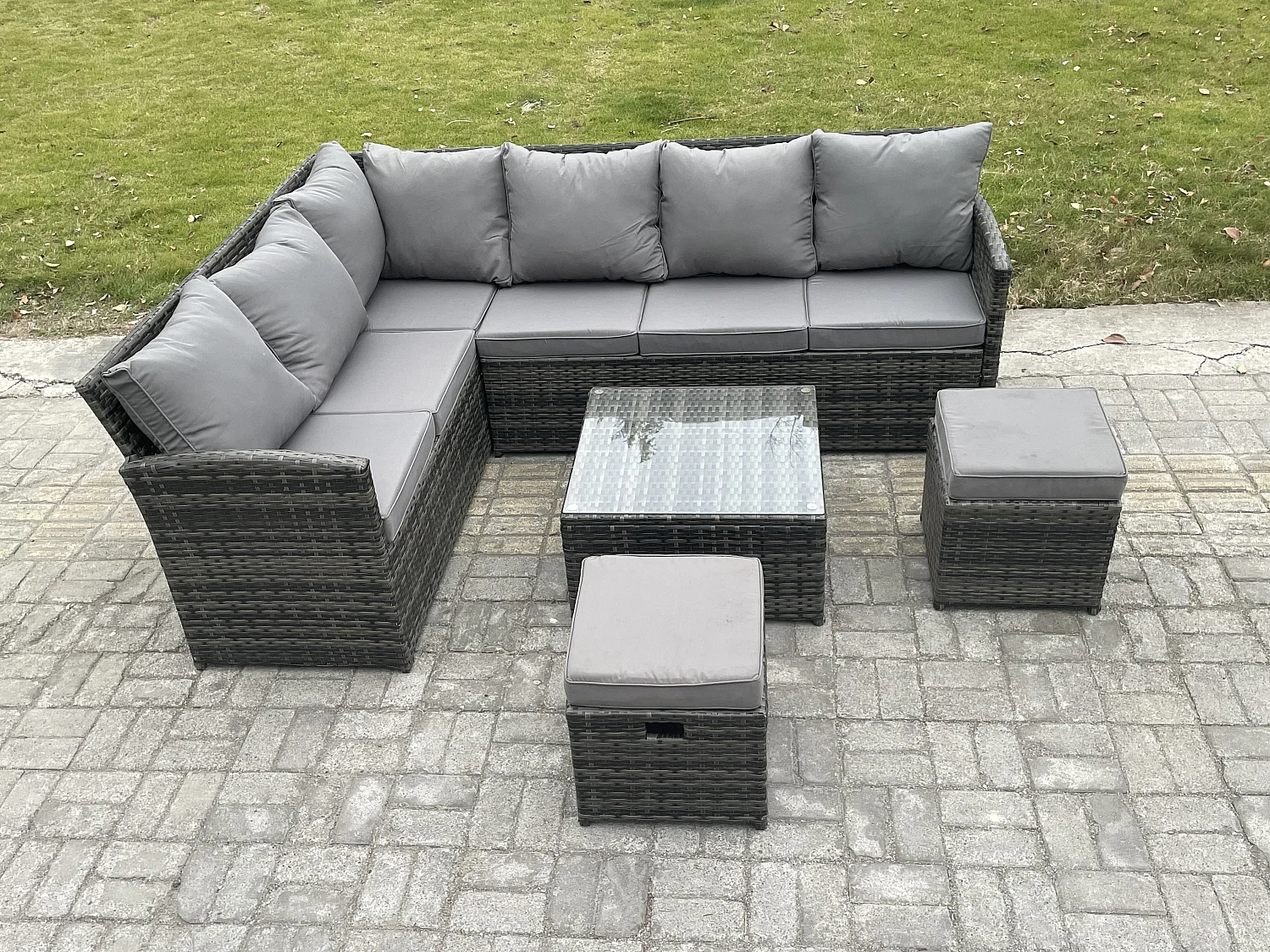 8 Sitzer Rattan Gartenmöbel Set Ecksofa Set aus Polyrattan mit Quadratischer Couchtisch 2 kleine Fußhockern Dunkelgrau gemischt