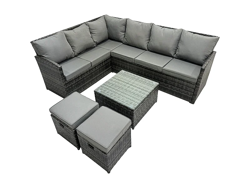 8 Sitzer Rattan Gartenmöbel Set Ecksofa Set aus Polyrattan mit Quadratischer Couchtisch 2 kleine Fußhockern Dunkelgrau gemischt