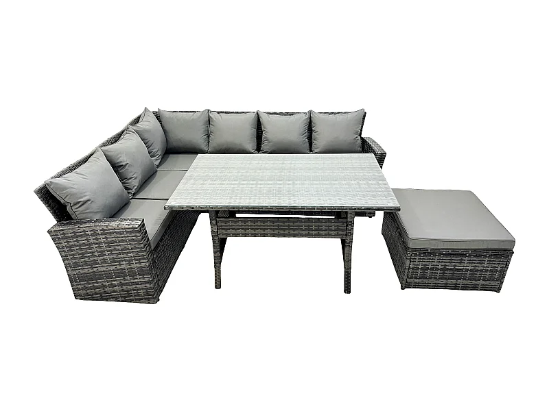 7 Sitzer Garten Rattanmöbel Set mit Großer Fußhocker Dunkelgrau gemischt