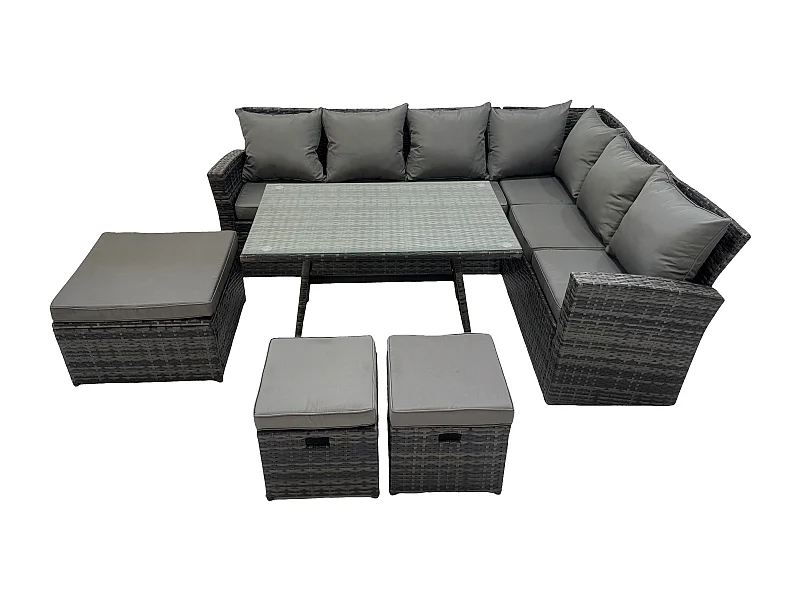 9 Sitzer Hoher Rücken Rattan Gartenmöbel-Set Ecksofa mit Länglicher Esstisch Big und Kleiner Hocker