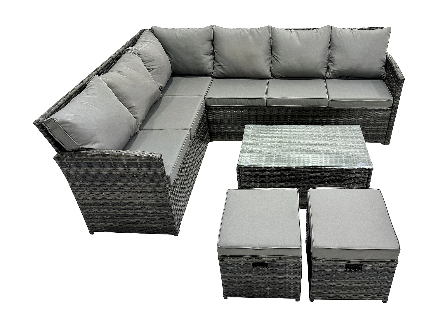 Hoher Rücken Dunkelgrau gemischt Rattan Ecksofa Set Gartenmöbel Rechteckiger Couchtisch 2 kleine Fußhockern 8 Sitzer