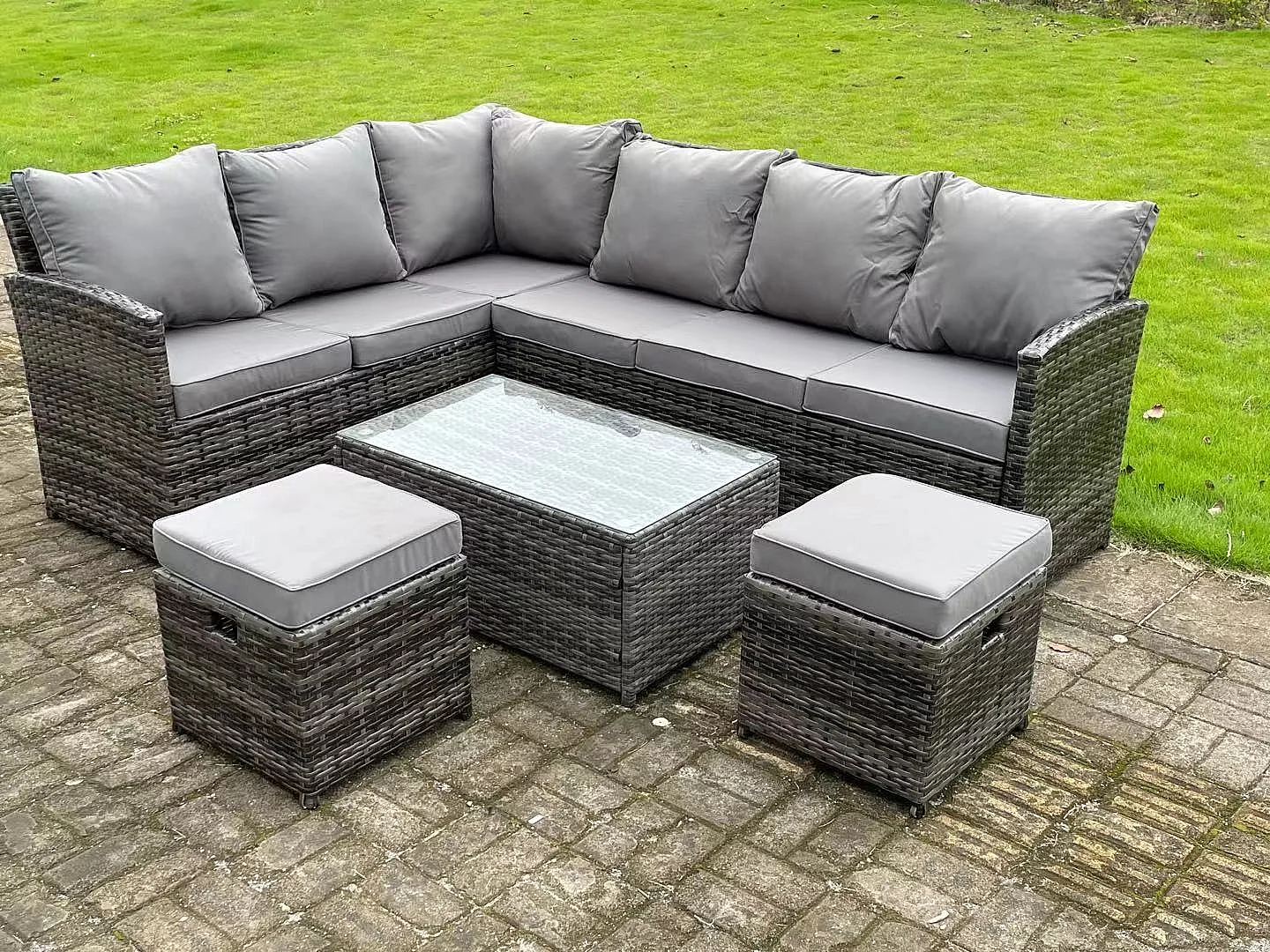 Hoher Rücken Dunkelgrau gemischt Rattan Ecksofa Set Gartenmöbel Rechteckiger Couchtisch 2 kleine Fußhockern 8 Sitzer