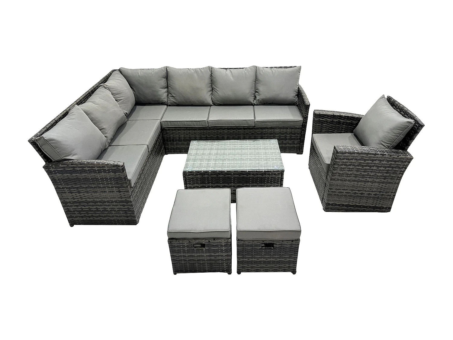 Gartenmöbel-Set aus Rattan mit Rechteckiger Couchtisch 2 kleine Fußhockern Sessel Dunkelgrau gemischt