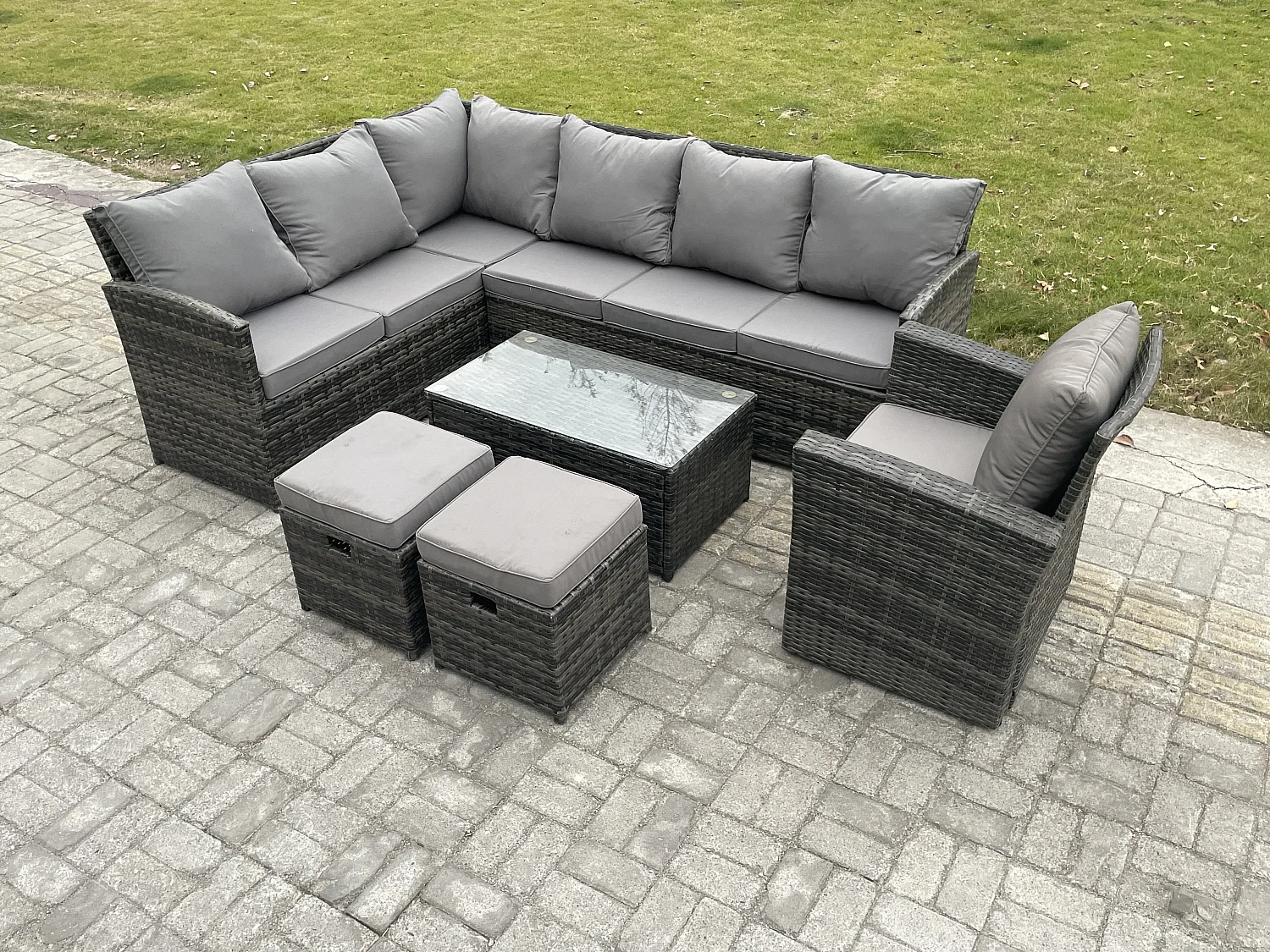 Gartenmöbel-Set aus Rattan mit Rechteckiger Couchtisch 2 kleine Fußhockern Sessel Dunkelgrau gemischt