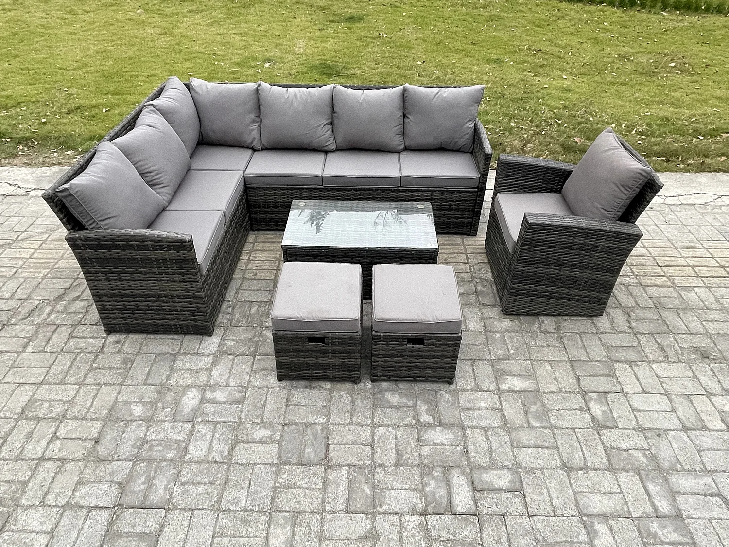 Gartenmöbel-Set aus Rattan mit Rechteckiger Couchtisch 2 kleine Fußhockern Sessel Dunkelgrau gemischt