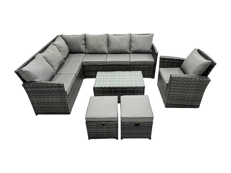 Gartenmöbel-Set aus Rattan mit Rechteckiger Couchtisch 2 kleine Fußhockern Sessel Dunkelgrau gemischt