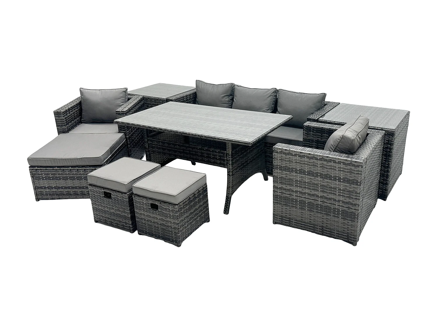 Fimous Outdoor Garden Furniture Set Patio Rattan Rectangular Dining Table Lounge Sofa Chair with 2 Side Table Big Footstool 2 Small Stools 8 Seater Dark Grey Mixed