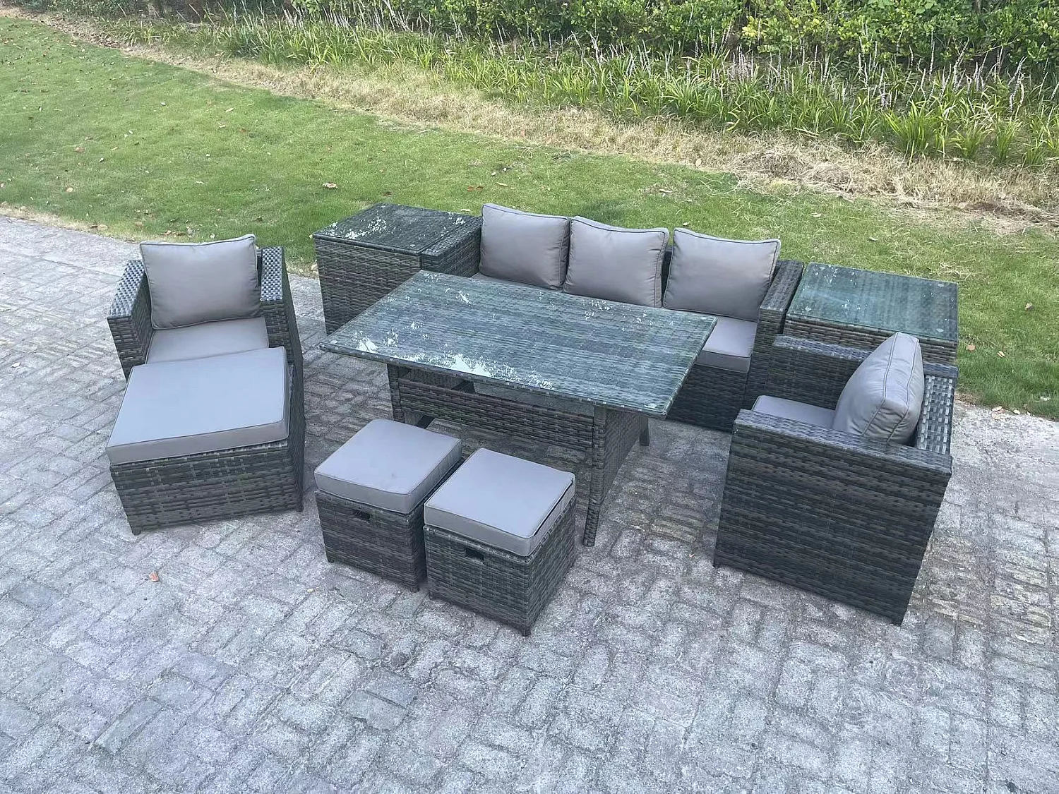Fimous Outdoor Garden Furniture Set Patio Rattan Rectangular Dining Table Lounge Sofa Chair with 2 Side Table Big Footstool 2 Small Stools 8 Seater Dark Grey Mixed