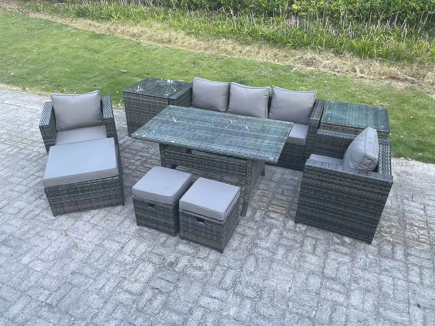 Fimous Outdoor Garden Furniture Set Patio Rattan Rectangular Dining Table Lounge Sofa Chair with 2 Side Table Big Footstool 2 Small Stools 8 Seater Dark Grey Mixed