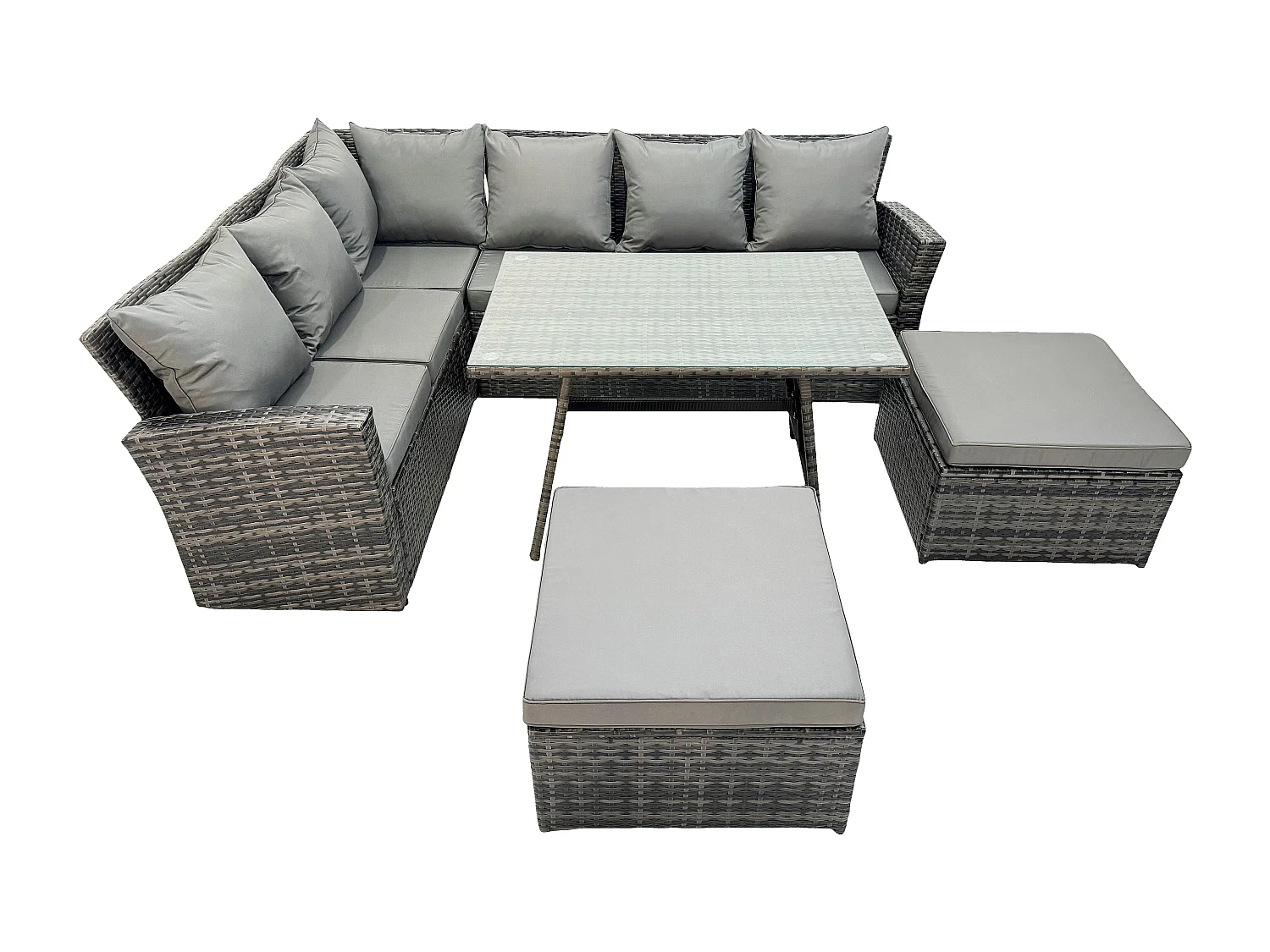 Fimous High Back Outdoor Garden Furniture Set Rattan Corner Sofa Dining Table Set With 2 Big Footstool 8 Seater Dark Grey Mixed