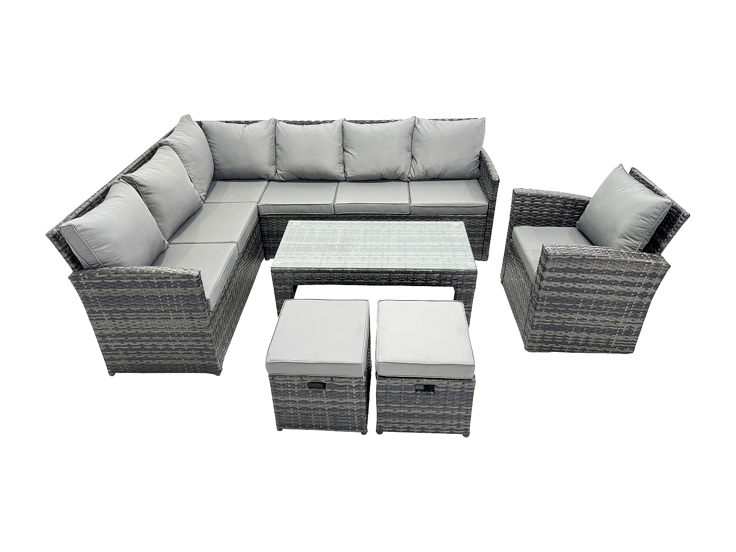 Famous 9 - Sitzer Outdoor Rattan Gartenmöbel Set, Ecksofa, Länger Couchtisch Sets mit Terrassen 2 kleine Fußhocker, Sesseln, Dunkelgrau gemischt