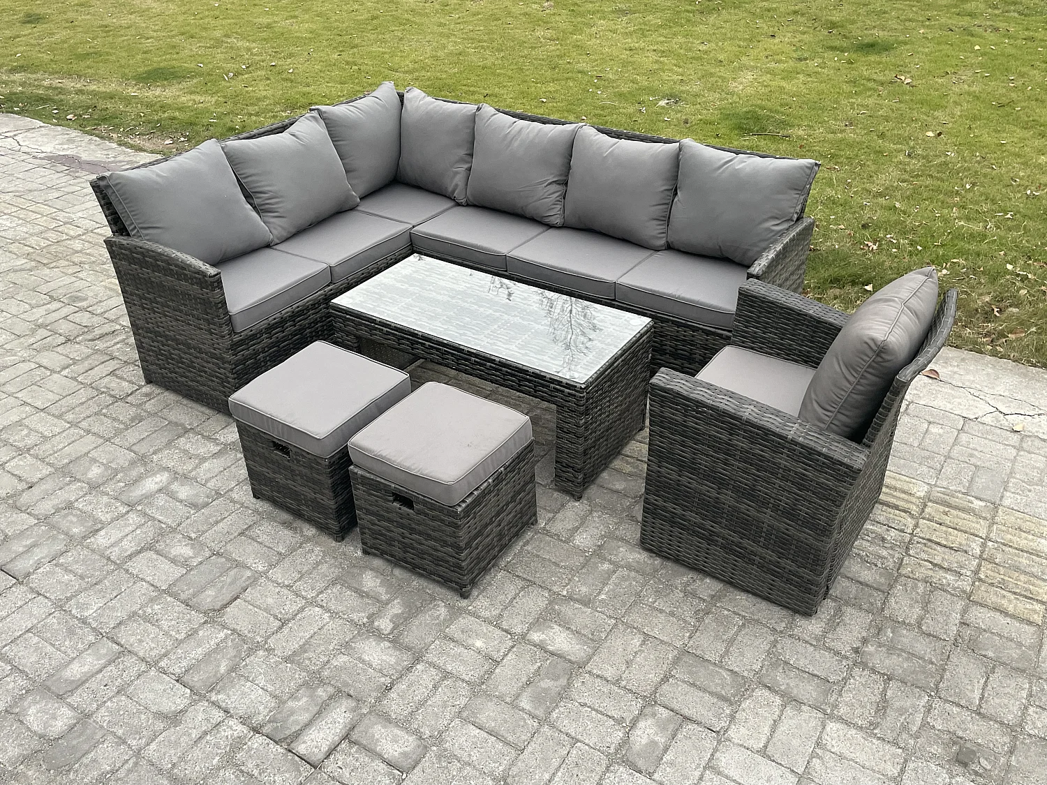 Famous 9 - Sitzer Outdoor Rattan Gartenmöbel Set, Ecksofa, Länger Couchtisch Sets mit Terrassen 2 kleine Fußhocker, Sesseln, Dunkelgrau gemischt