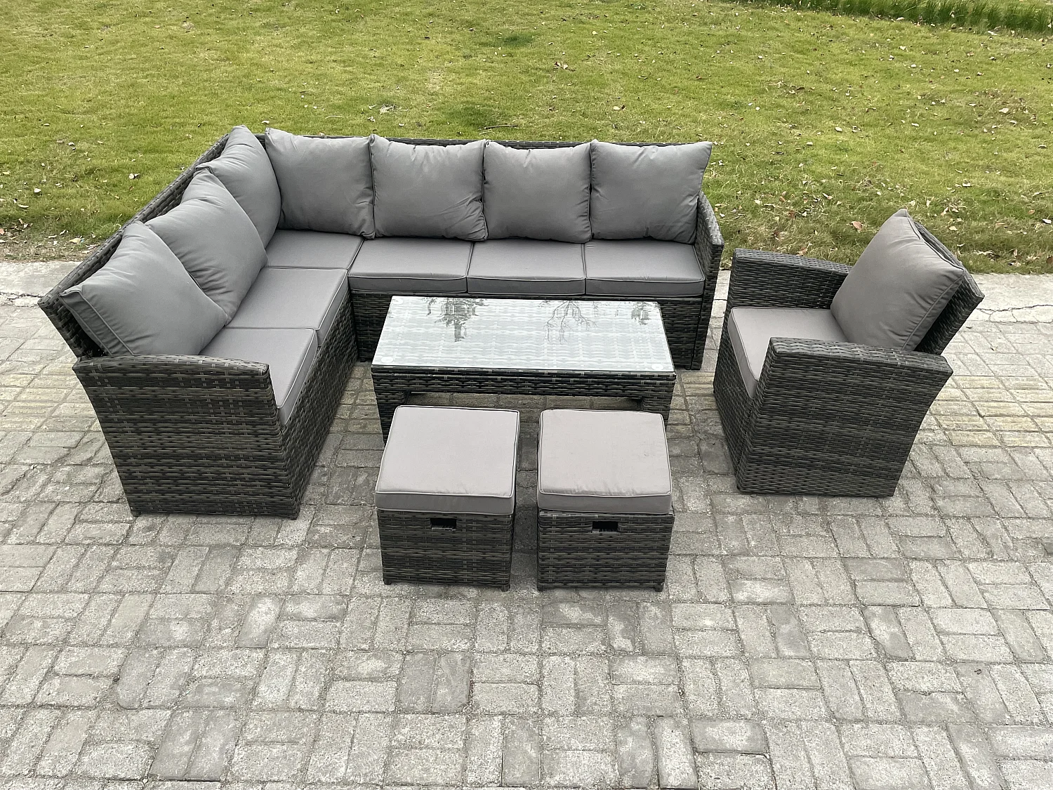 Famous 9 - Sitzer Outdoor Rattan Gartenmöbel Set, Ecksofa, Länger Couchtisch Sets mit Terrassen 2 kleine Fußhocker, Sesseln, Dunkelgrau gemischt