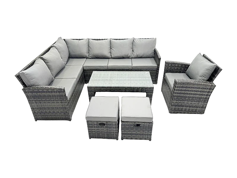 Famous 9 - Sitzer Outdoor Rattan Gartenmöbel Set, Ecksofa, Länger Couchtisch Sets mit Terrassen 2 kleine Fußhocker, Sesseln, Dunkelgrau gemischt