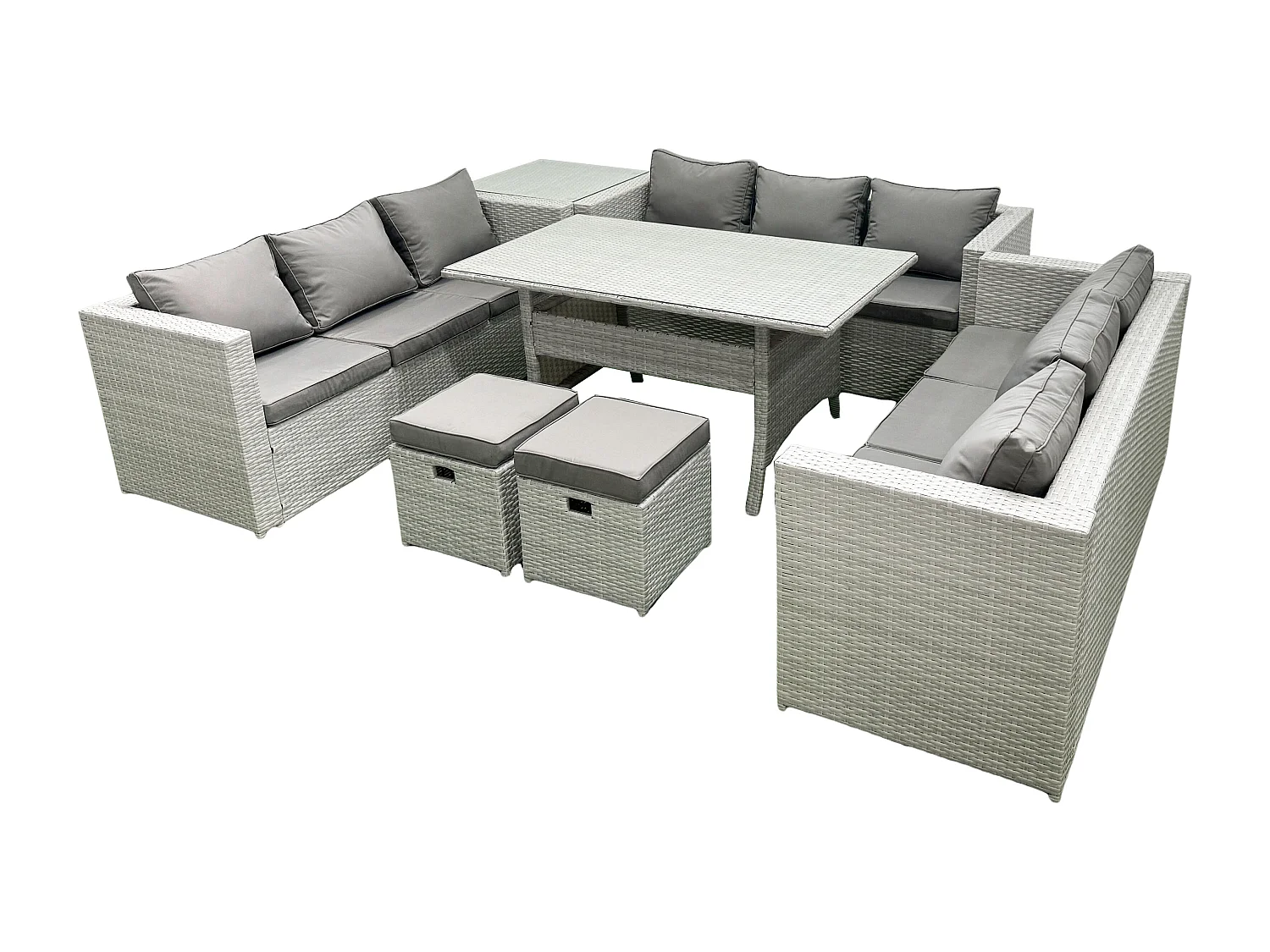 Fimous Rattan Garden Outdoor Furniture Set 11 Seater Garden Sofa Rectangulr Dining Table Set with 2 Small Footstool Side Table Light Grey Mixed