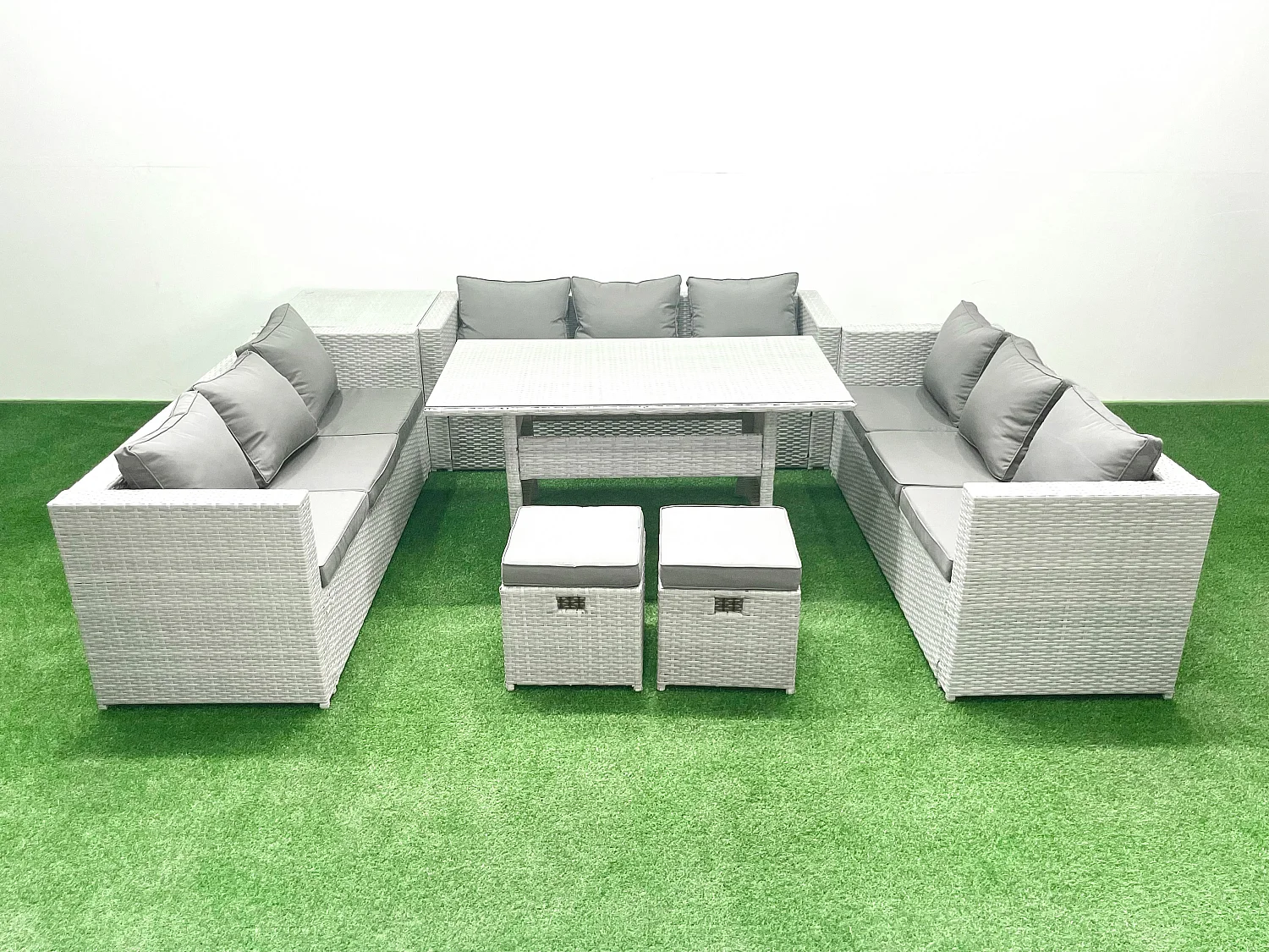 Fimous Rattan Garden Outdoor Furniture Set 11 Seater Garden Sofa Rectangulr Dining Table Set with 2 Small Footstool Side Table Light Grey Mixed