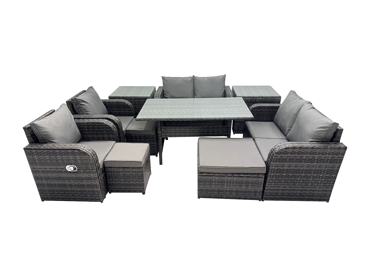 Fimous Outdoor Rattan Garden Furniture 10 piece Grey Patio Furniture Set 9 Seater Lounge Sofa Set with Rectangular Table Reclining Chairs 3 Stools 2 Side Tables