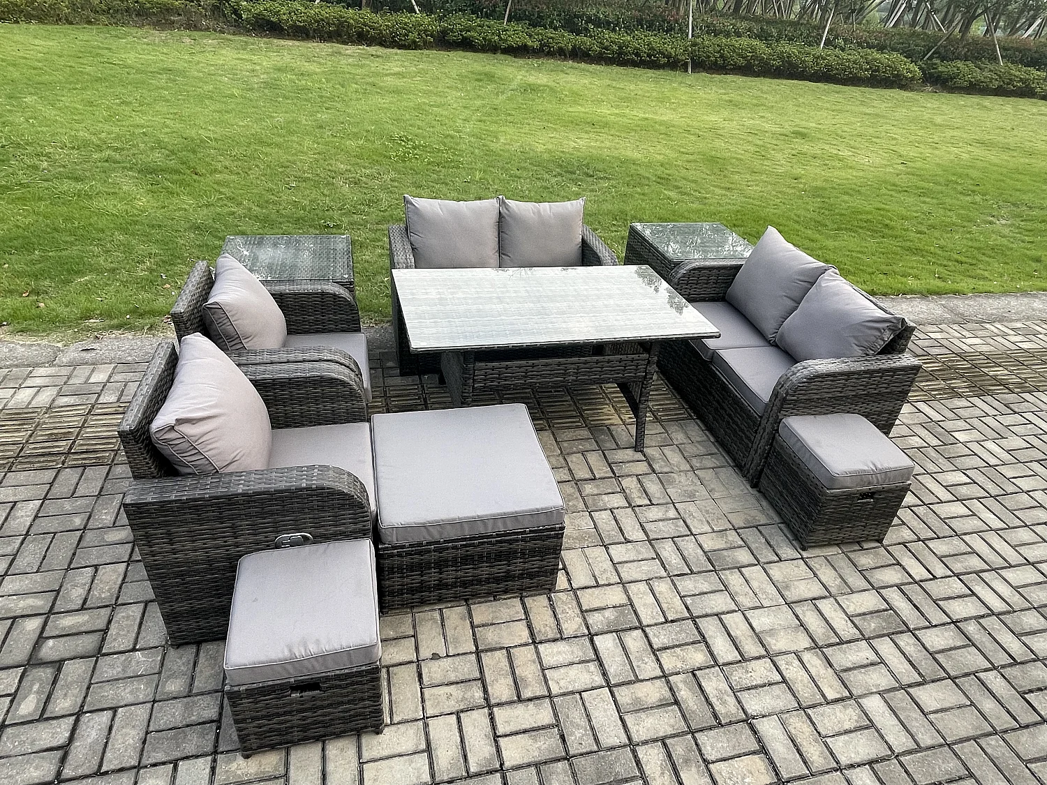 Fimous Outdoor Rattan Garden Furniture 10 piece Grey Patio Furniture Set 9 Seater Lounge Sofa Set with Rectangular Table Reclining Chairs 3 Stools 2 Side Tables