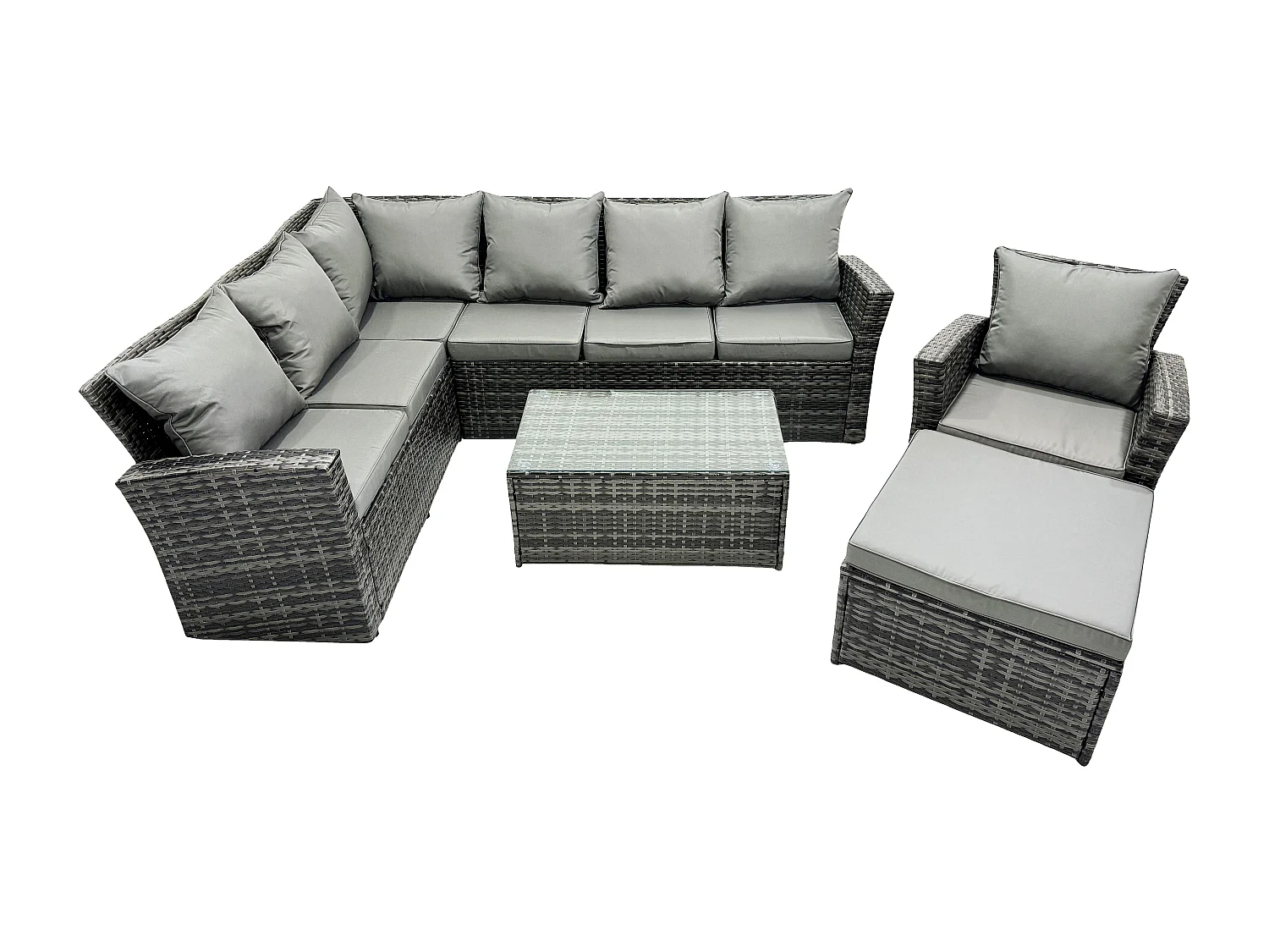 Fimous 8 Seater High Back Rattan Garden Furniture Set Corner Sofa With Oblong Coffee Table Big Footstool