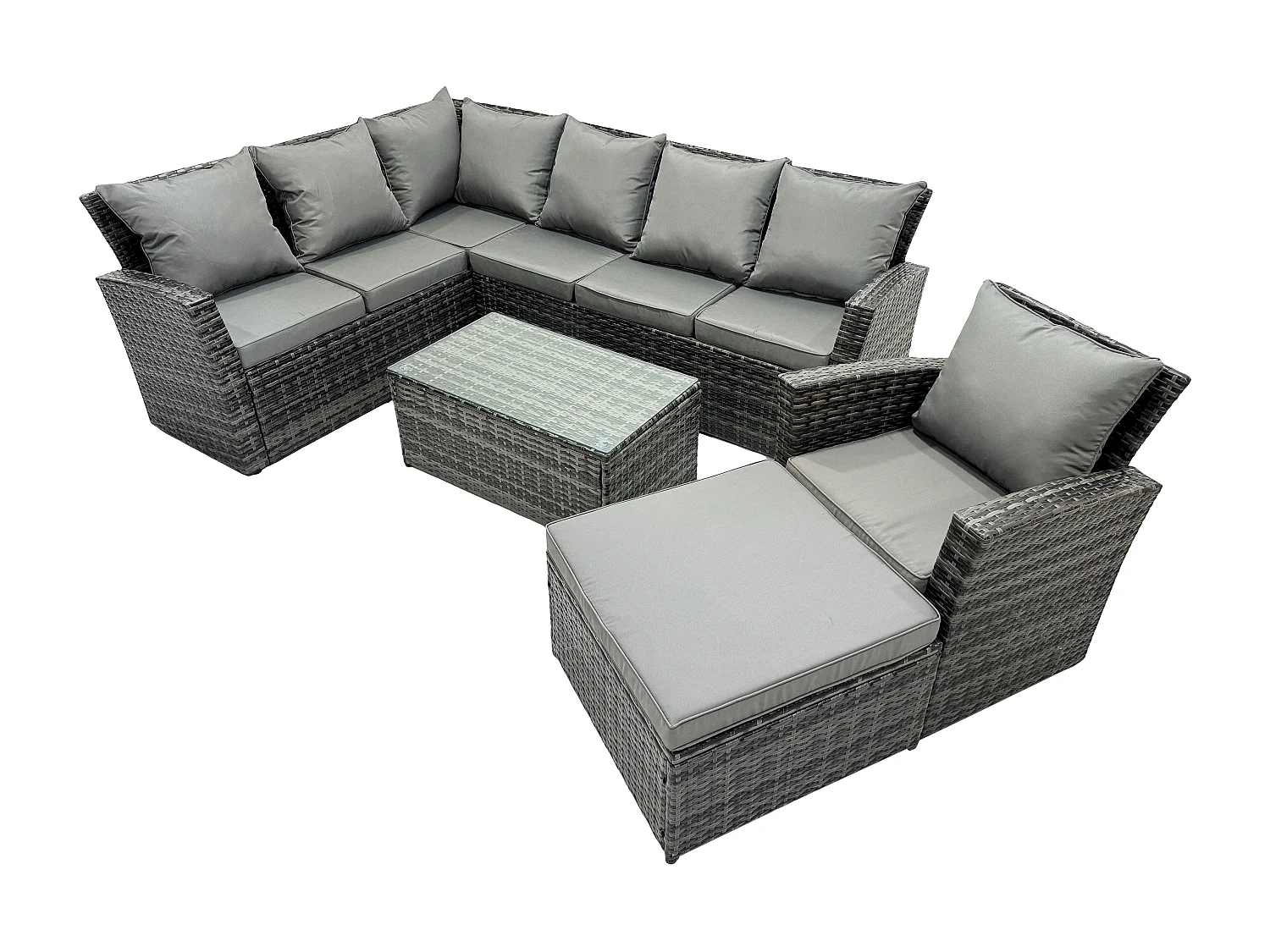 Fimous 8 Seater High Back Rattan Garden Furniture Set Corner Sofa With Oblong Coffee Table Big Footstool