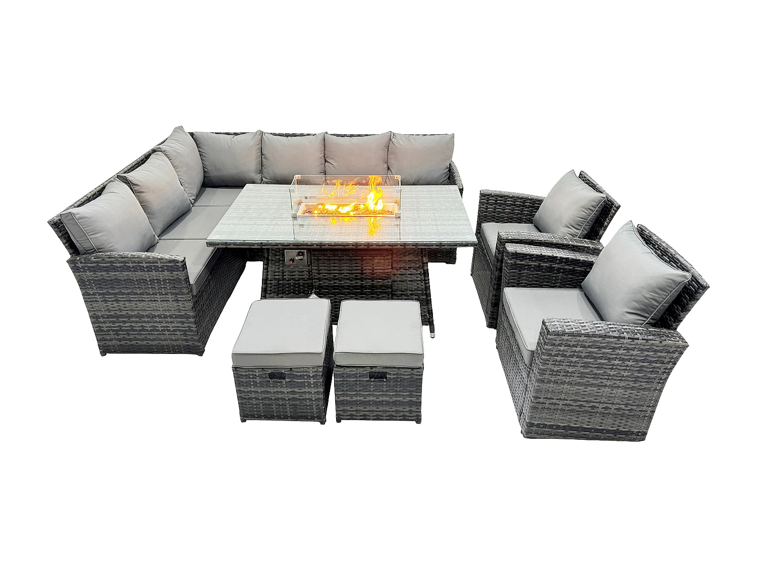 Fimous 10 Seater Rattan Garden Furniture High Back Corner Sofa Gas Fire Pit Dining Table Sets Gas Heater with Armchair 2 Small Footstools Dark Grey Mixed