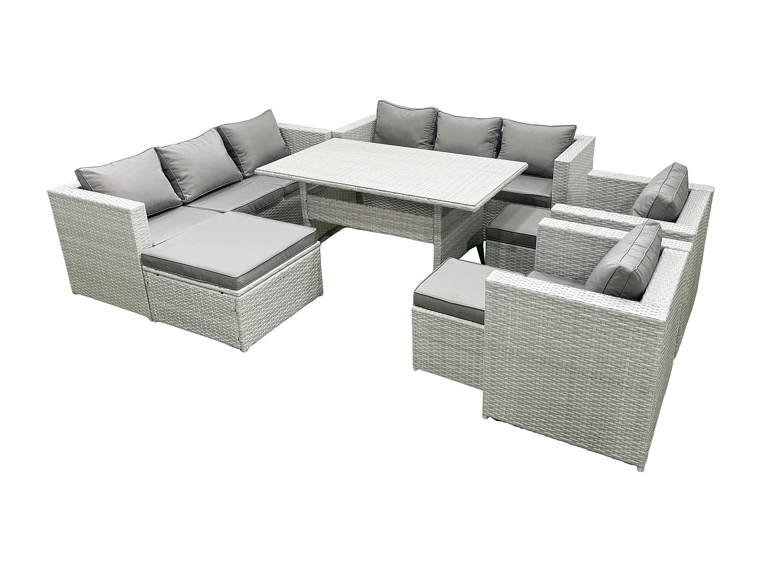 Fimous Rattan Garden Furniture Set Outdoor 8 Seater Patio Dinin g Sofa Sets with Dining Table 2 Chairs 3 Footstools Light Grey Mixed