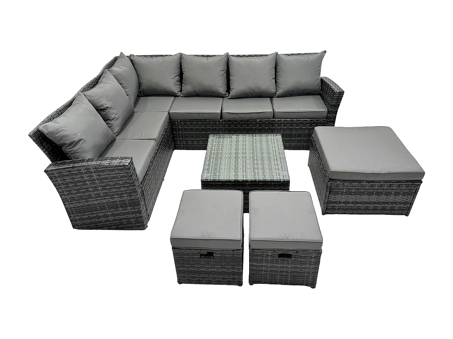 Rattan Gartenmöbel-Set Outdoor Lounge Ecksofa Set mit Quadratischer Couchtisch 3 Fußhockern 9 Sitzer Dunkelgrau gemischt
