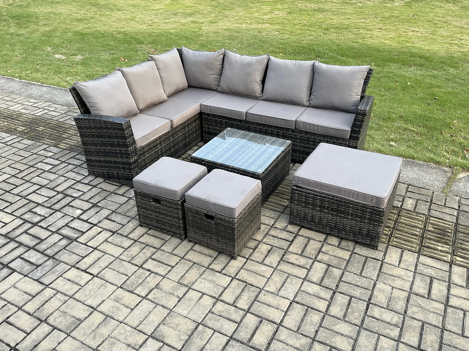 Rattan Gartenmöbel-Set Outdoor Lounge Ecksofa Set mit Quadratischer Couchtisch 3 Fußhockern 9 Sitzer Dunkelgrau gemischt