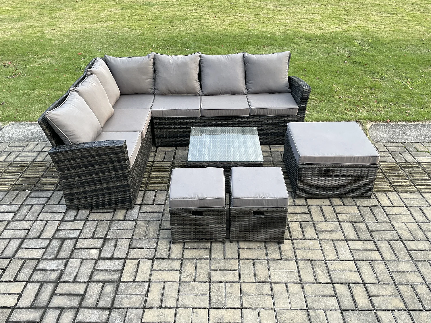 Rattan Gartenmöbel-Set Outdoor Lounge Ecksofa Set mit Quadratischer Couchtisch 3 Fußhockern 9 Sitzer Dunkelgrau gemischt