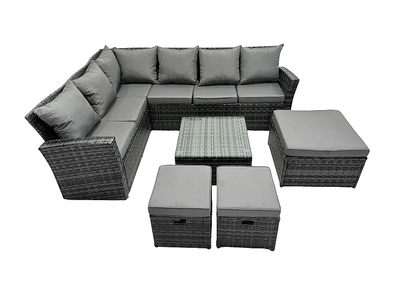 Rattan Gartenmöbel-Set Outdoor Lounge Ecksofa Set mit Quadratischer Couchtisch 3 Fußhockern 9 Sitzer Dunkelgrau gemischt