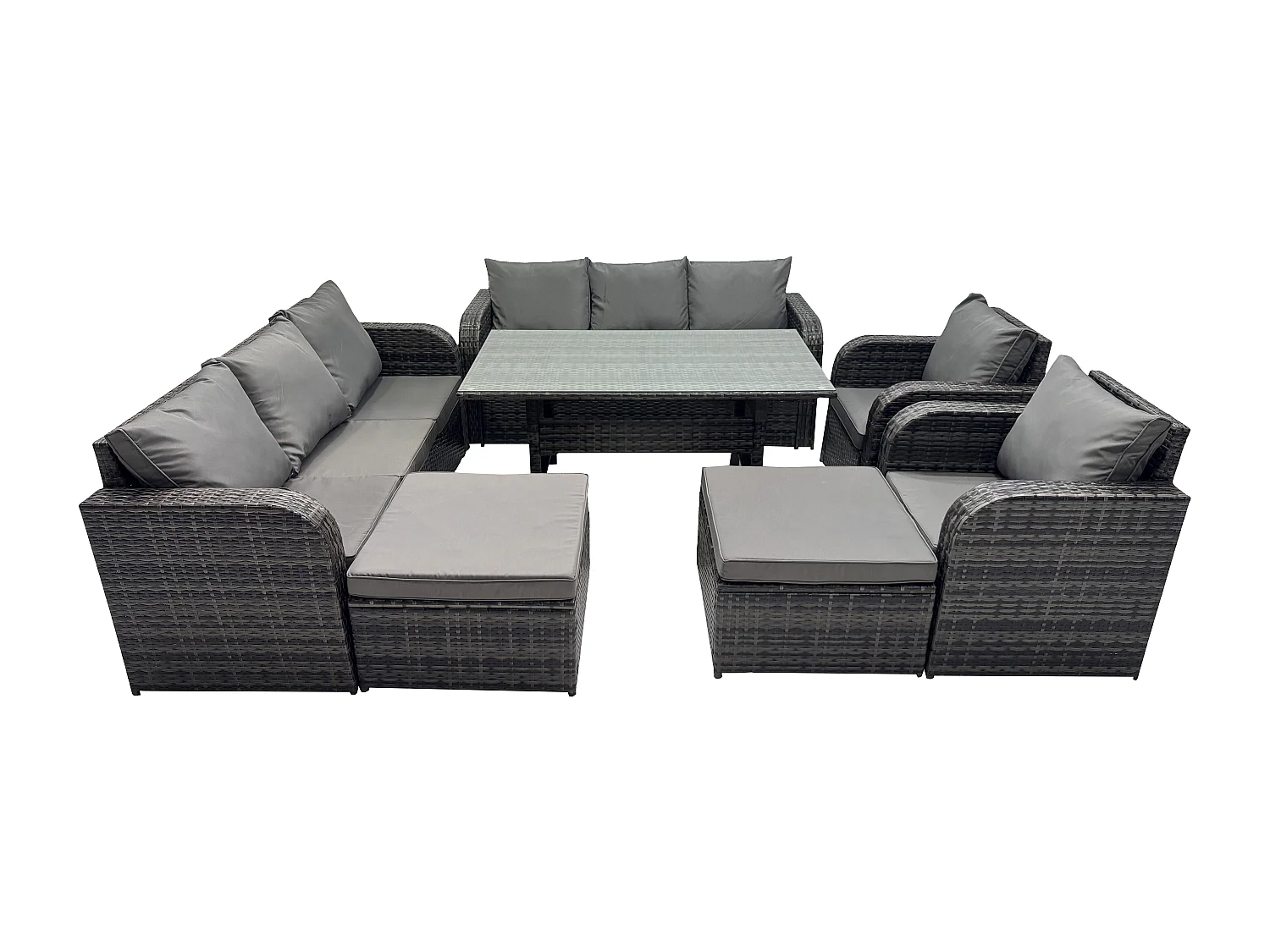 Fimous Patio Rattan Garden Furniture Set with Oblong Rectangular Dining Table 10 Seater Outdoor Lounge Sofa Set Dark Grey Mixed