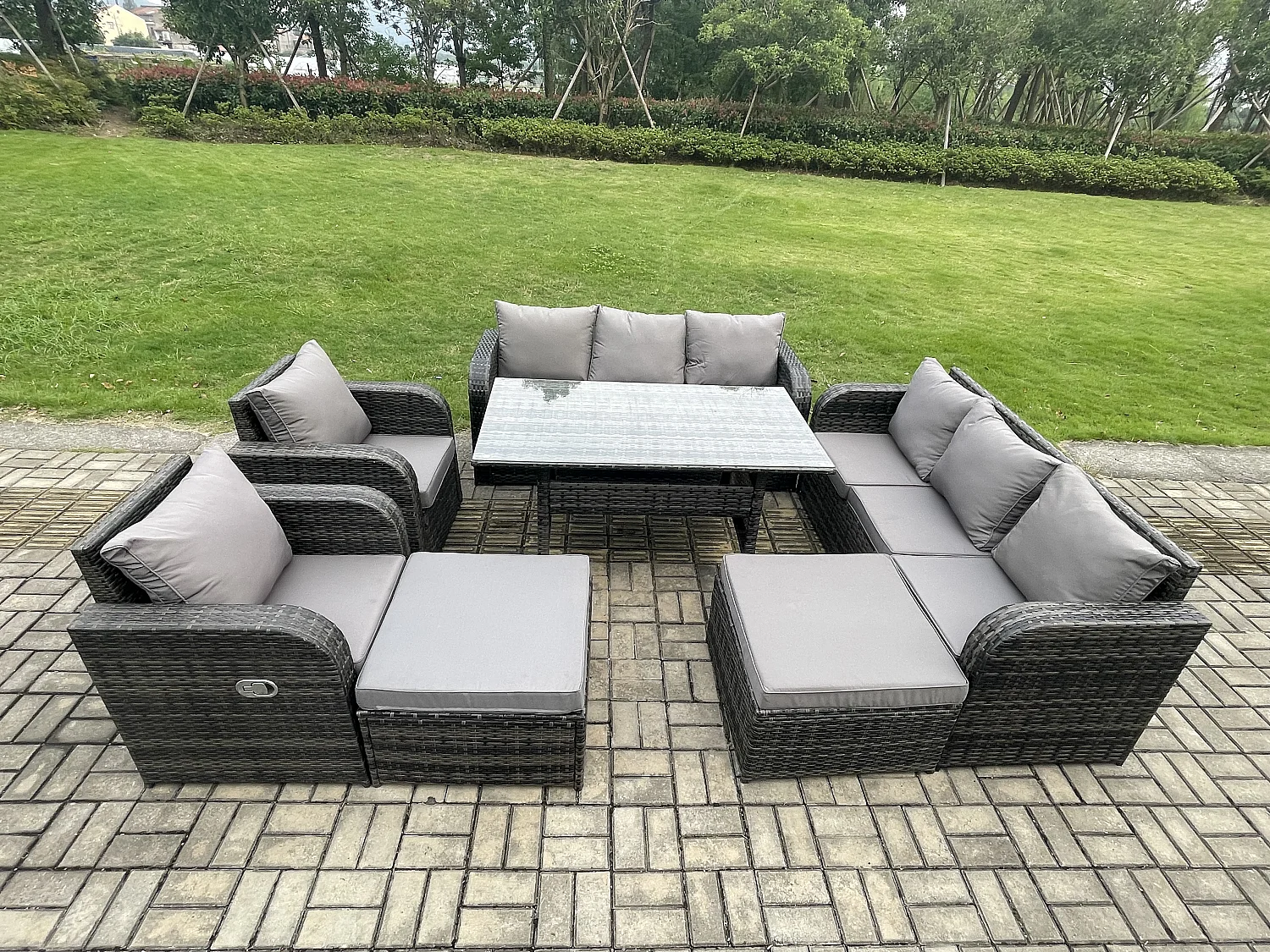 Fimous Patio Rattan Garden Furniture Set with Oblong Rectangular Dining Table 10 Seater Outdoor Lounge Sofa Set Dark Grey Mixed