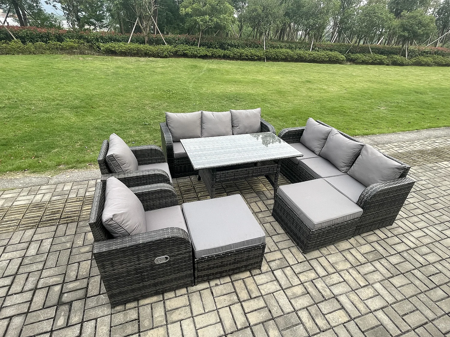 Fimous Patio Rattan Garden Furniture Set with Oblong Rectangular Dining Table 10 Seater Outdoor Lounge Sofa Set Dark Grey Mixed