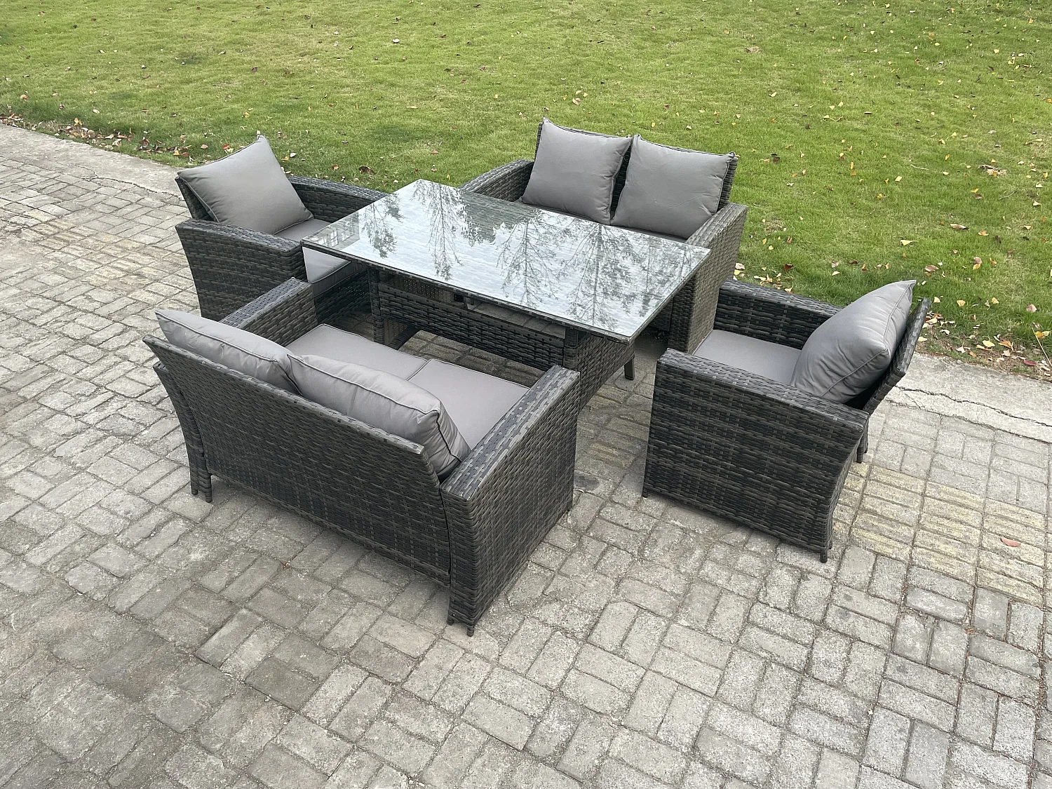 Rattan Gartenmöbel-Set 6 Sitzer Terrassen mit Länglicher Esstisch Doppelsitzsofa Dunkelgrau gemischt