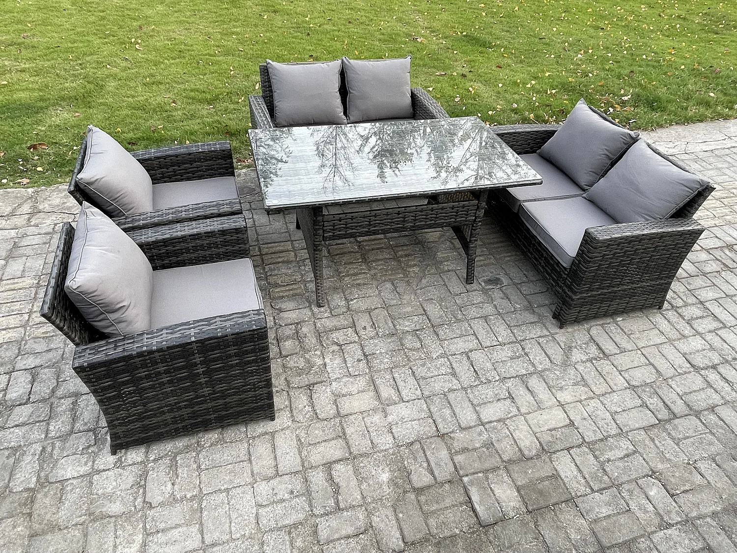 Rattan Gartenmöbel-Set 6 Sitzer Terrassen mit Länglicher Esstisch Doppelsitzsofa Dunkelgrau gemischt