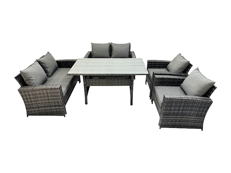 Rattan Gartenmöbel-Set 6 Sitzer Terrassen mit Länglicher Esstisch Doppelsitzsofa Dunkelgrau gemischt